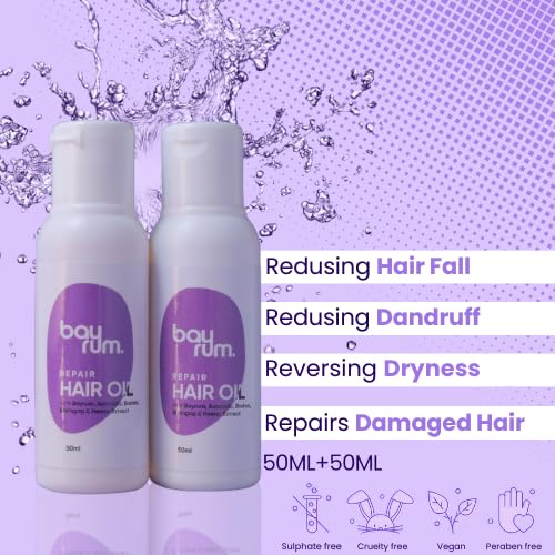 BAYRUM Herbal Hair Oil for Hair Fall Control & Regrowth with Bhringraj, Brahmi, Amla, Mulethi, Neem, Tea Tree & Jatamasi | Natural Hair Growth Treatment for Men & Women | 50+50ml | Promotes Thicker, Stronger Hair for Daily Care & Scalp Health