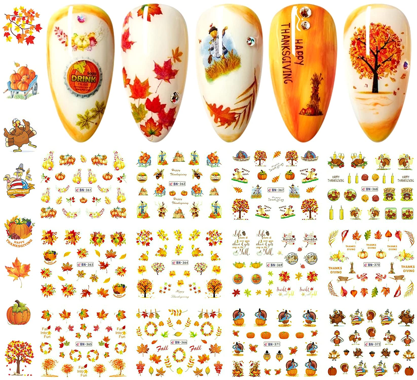 12 Sheets Fall Nail Art Stickers - Thanksgiving Nail Decals with Maple Leaf, Pumpkin & Turkey Designs | Water Transfer Foils for Women, Girls & Kids | DIY Fingernail & Toenail Decoration | Perfect for Autumn Manicures, Halloween Parties & Holiday Nail Art