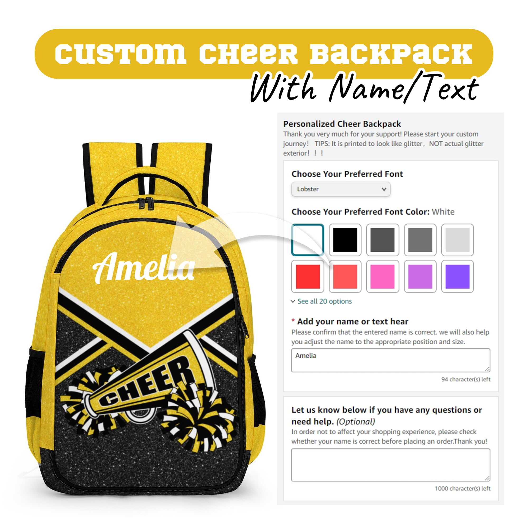 Custom Cheerleader Backpack with Name - Personalized Cheerleading Backpack for Women & Girls - Gold Glitter Sports Bag for Gym, School, and Cheer Competitions