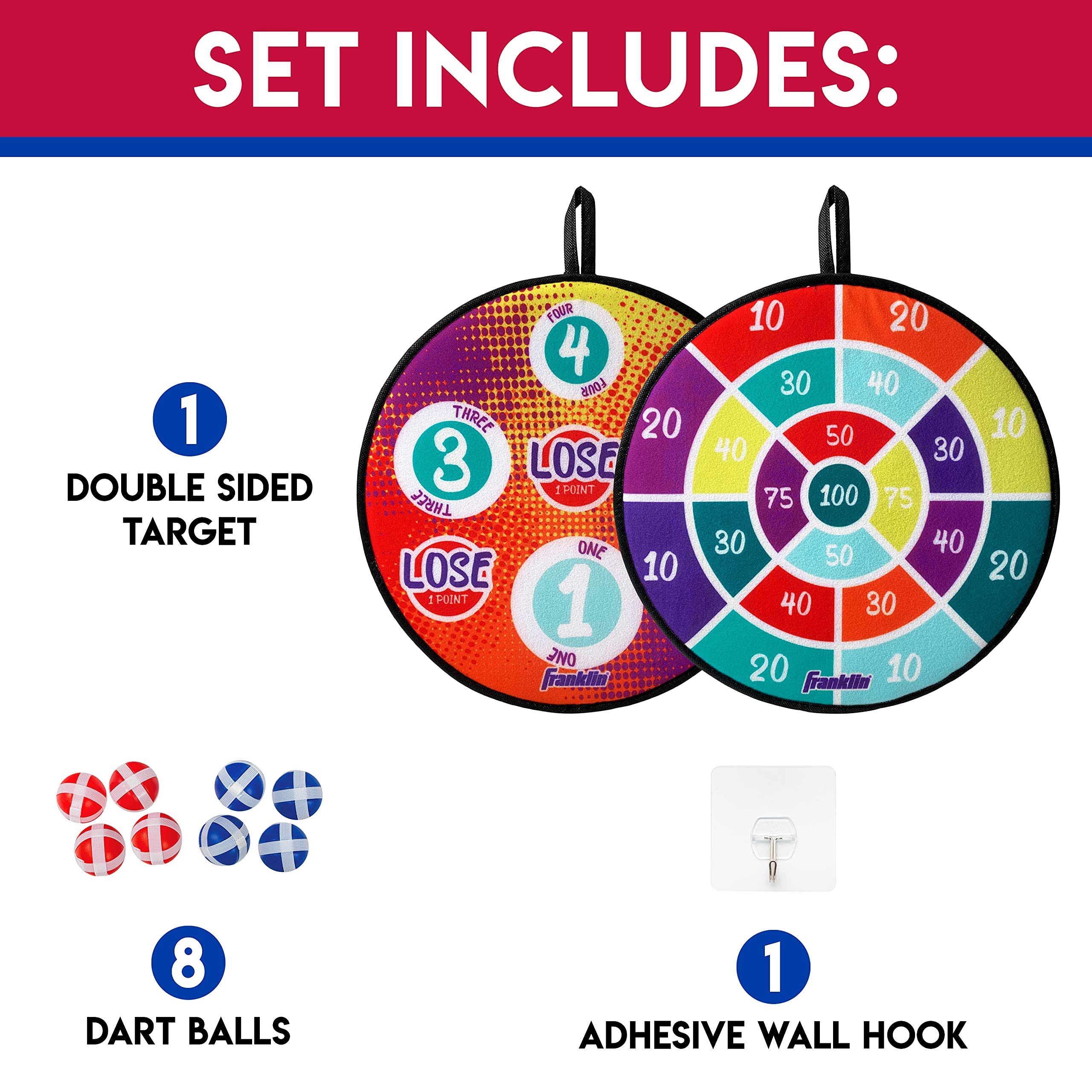 Franklin Sports Anywhere Darts - Double-Sided Dartboard with 6 Sticky Darts - Portable Indoor/Outdoor Hanging Target Game for Kids, Adults & Family Fun - Perfect for Parties, Game Rooms & Backyard Activities