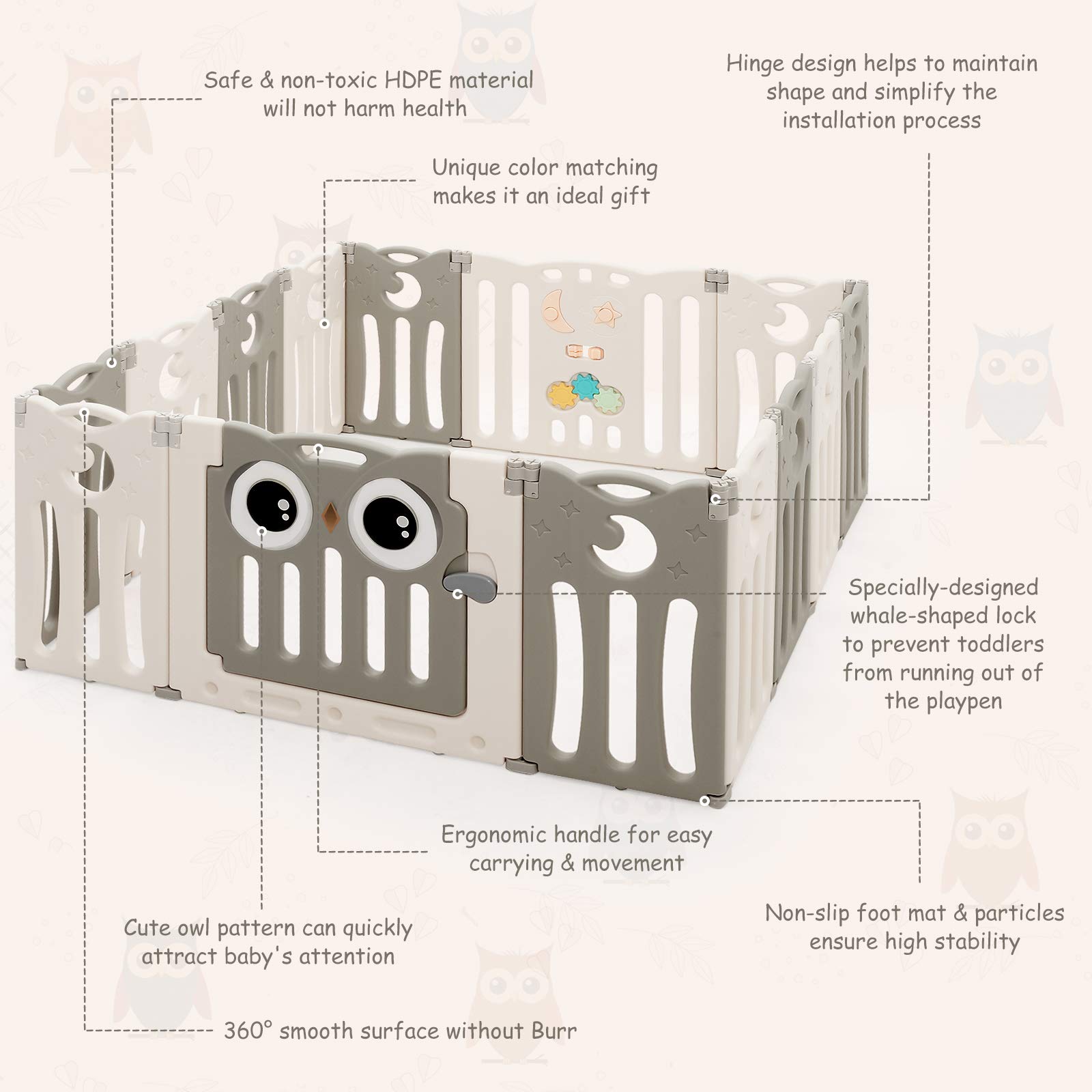 Costzon 14-Panel Foldable Baby Playpen with Locking Door - Non-Slip Rubber Bases & Pads for Safety - Indoor/Outdoor Adjustable Play Yard for Toddlers & Infants (Beige) - Perfect for Home, Nursery, Daycare & Backyard Use