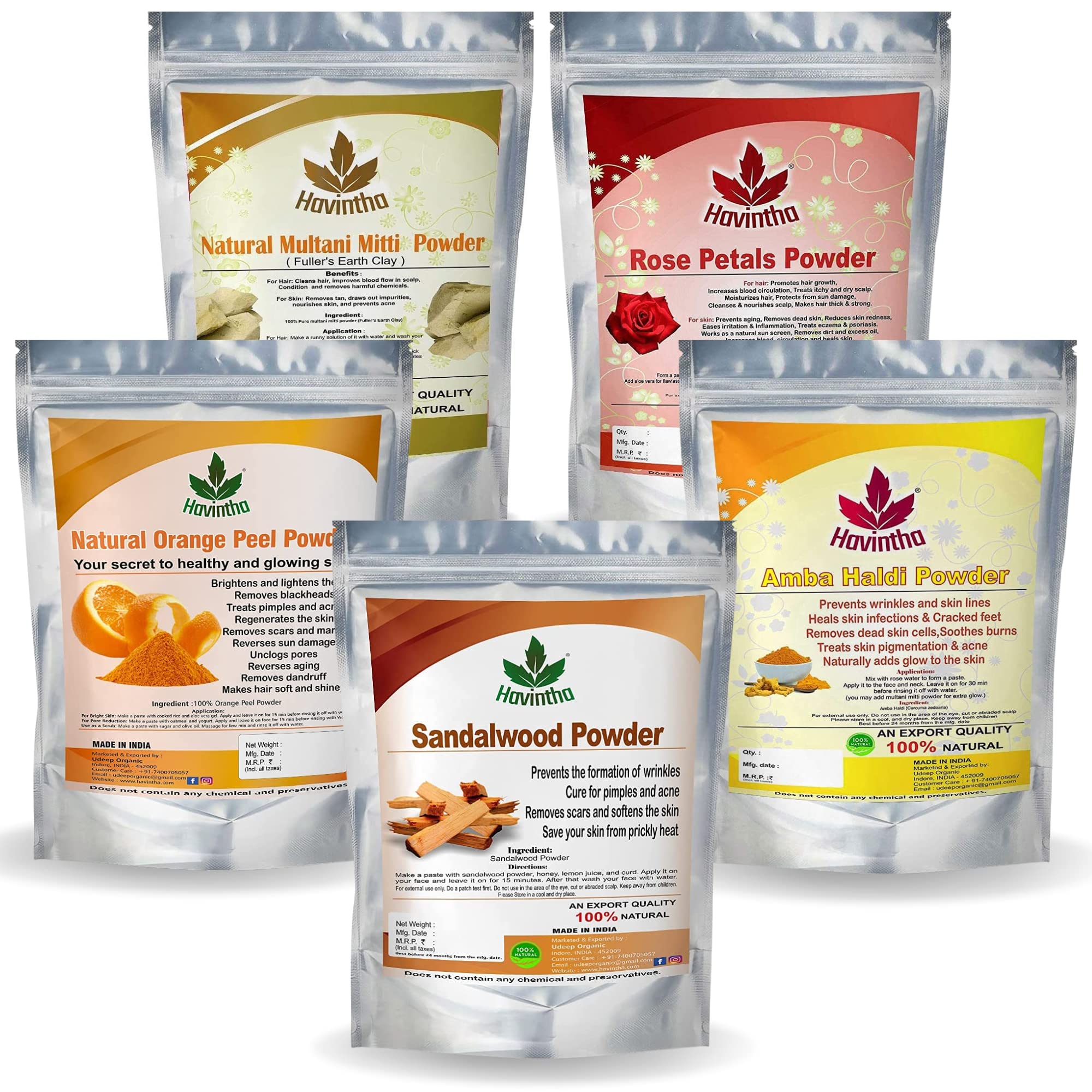 **Havintha Natural Face Pack Combo - Multani Mitti, Sandalwood, Orange Peel, Rose Petal & Amba Haldi Powder (50g Each) for Healthy, Glowing Skin - DIY Skincare & Spa Treatment at Home**