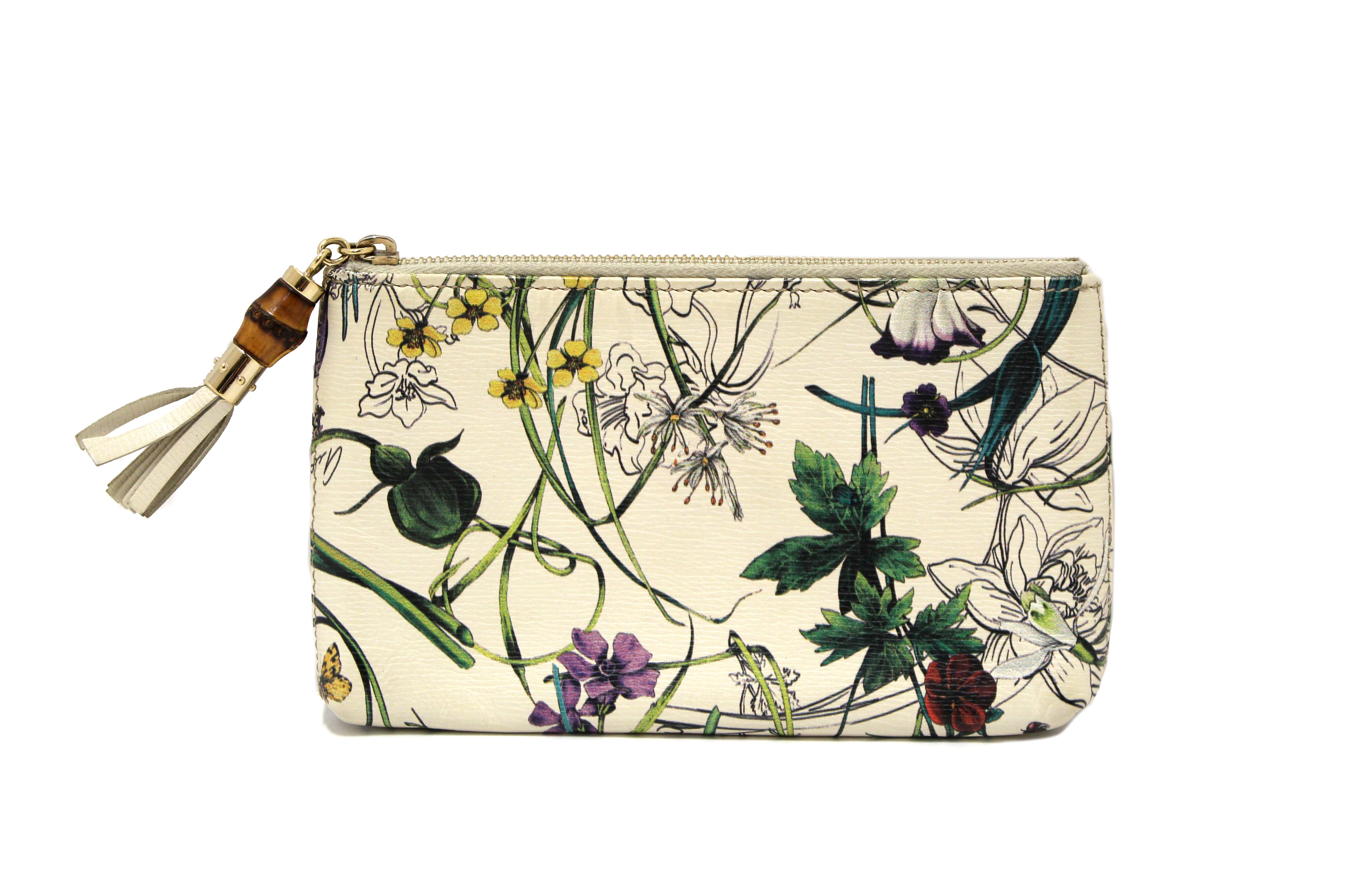 Authentic Gucci White Calfskin Flora Infinity Small Zip Pouch - Luxury Women's Wallet for Everyday Use, Gift & Travel Accessories