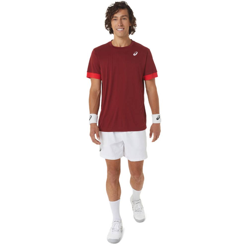 ASICS Men's Court Short Sleeve Tennis Shirt - Moisture-Wicking Performance Top in Beet Red/Classic Red - Perfect for Tennis, Pickleball & Casual Wear