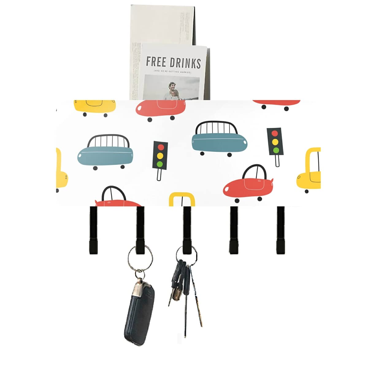 Cartoon Cars Key Holder Wall Mount - 5 Hook Wall Hanger for Keys, Mail & Organizer | Durable Entryway Decor for Hallway, Front Door & Home Organization