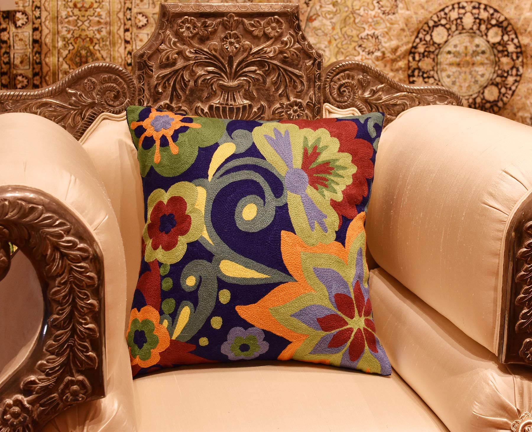 Blue Floral Pillow Cover 18x18 - Navy Flower Throw Pillow & Hand Embroidered Suzani Cushion for Sofa, Bed, Outdoor Chair | Boho Home Decor & Living Room Accent Pillow