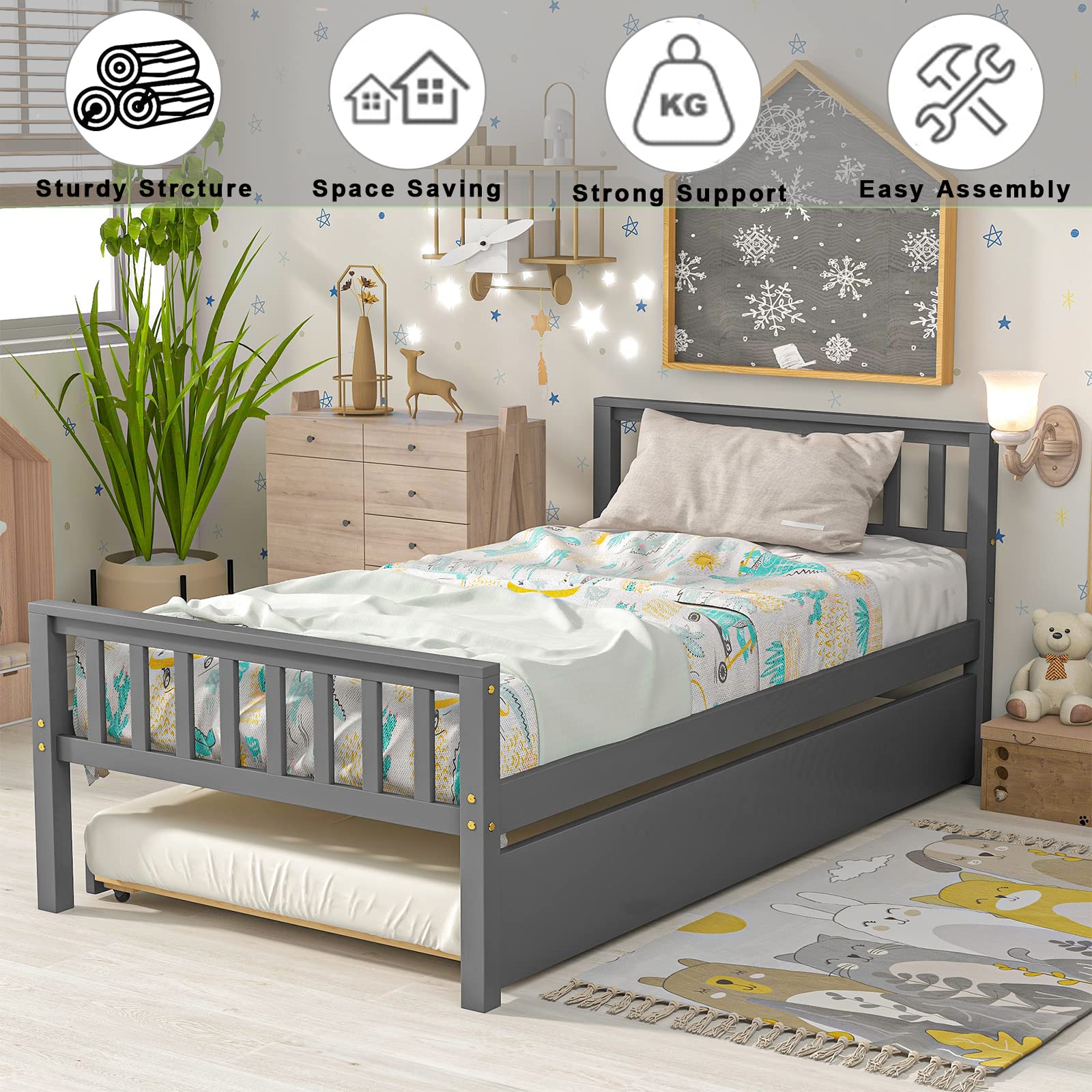 **KINFFICT Twin Platform Bed Frame with Trundle - Solid Pine Wood Daybed with Headboard & Footboard - Sturdy 10-Slat Support, No Box Spring Needed - Perfect for Kids' Room, Guest Bed, or Small Spaces (Gray)**