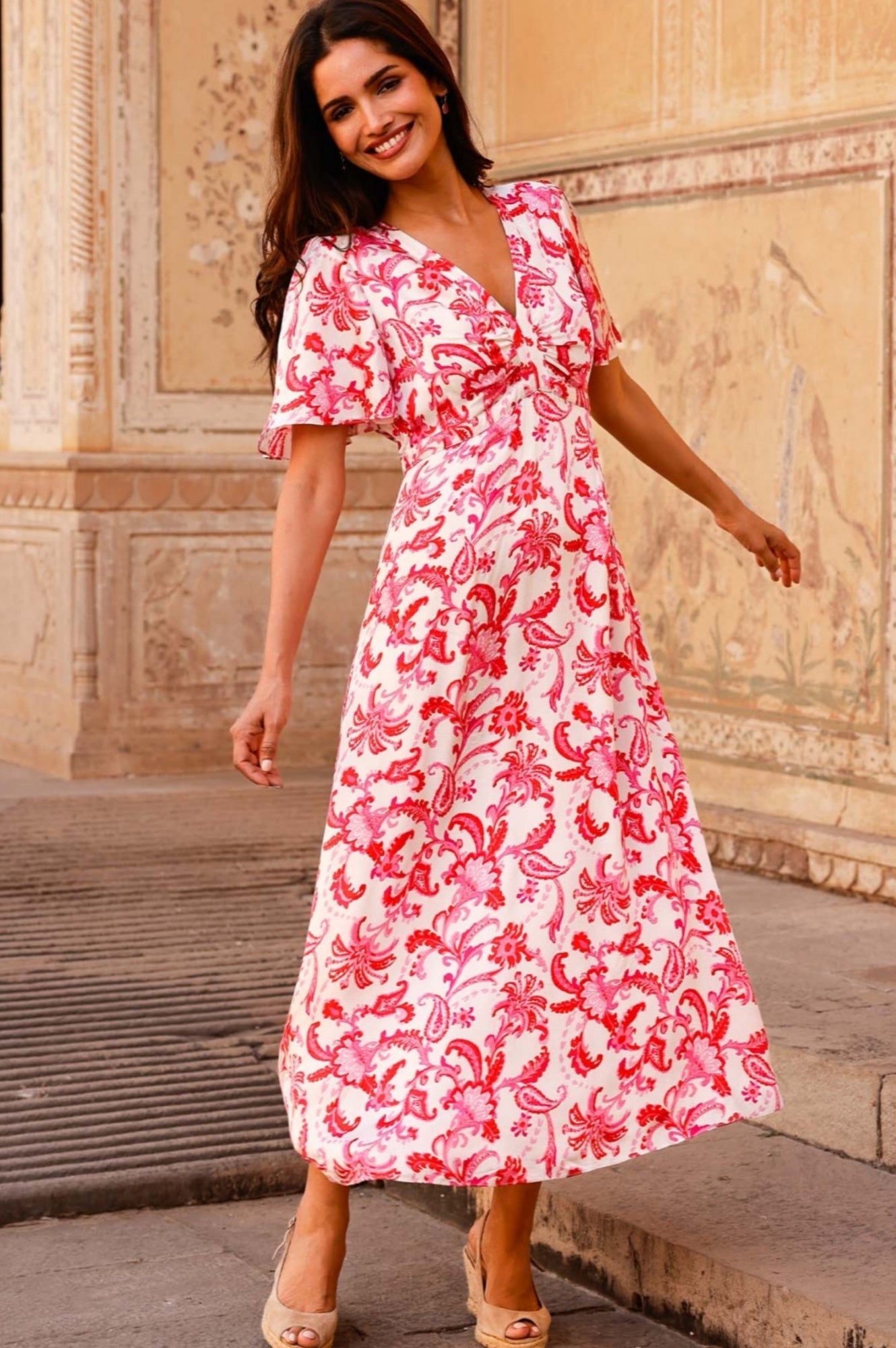 Anais Hammered Satin Dress - Floral Paisley Print in Cream, Red & Pink Colors | Perfect for Weddings, Parties & Special Occasions
