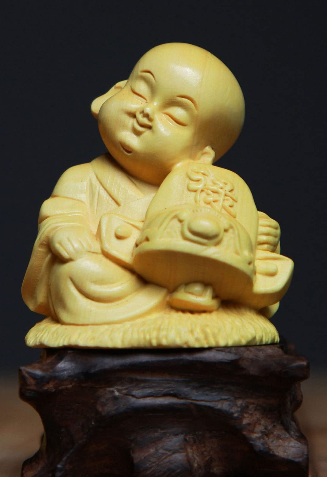 5PCS Natural Boxwood Hand Carved Chinese Fu Kid Statue Sets - Feng Shui Decor for Home, Office & Gift Giving