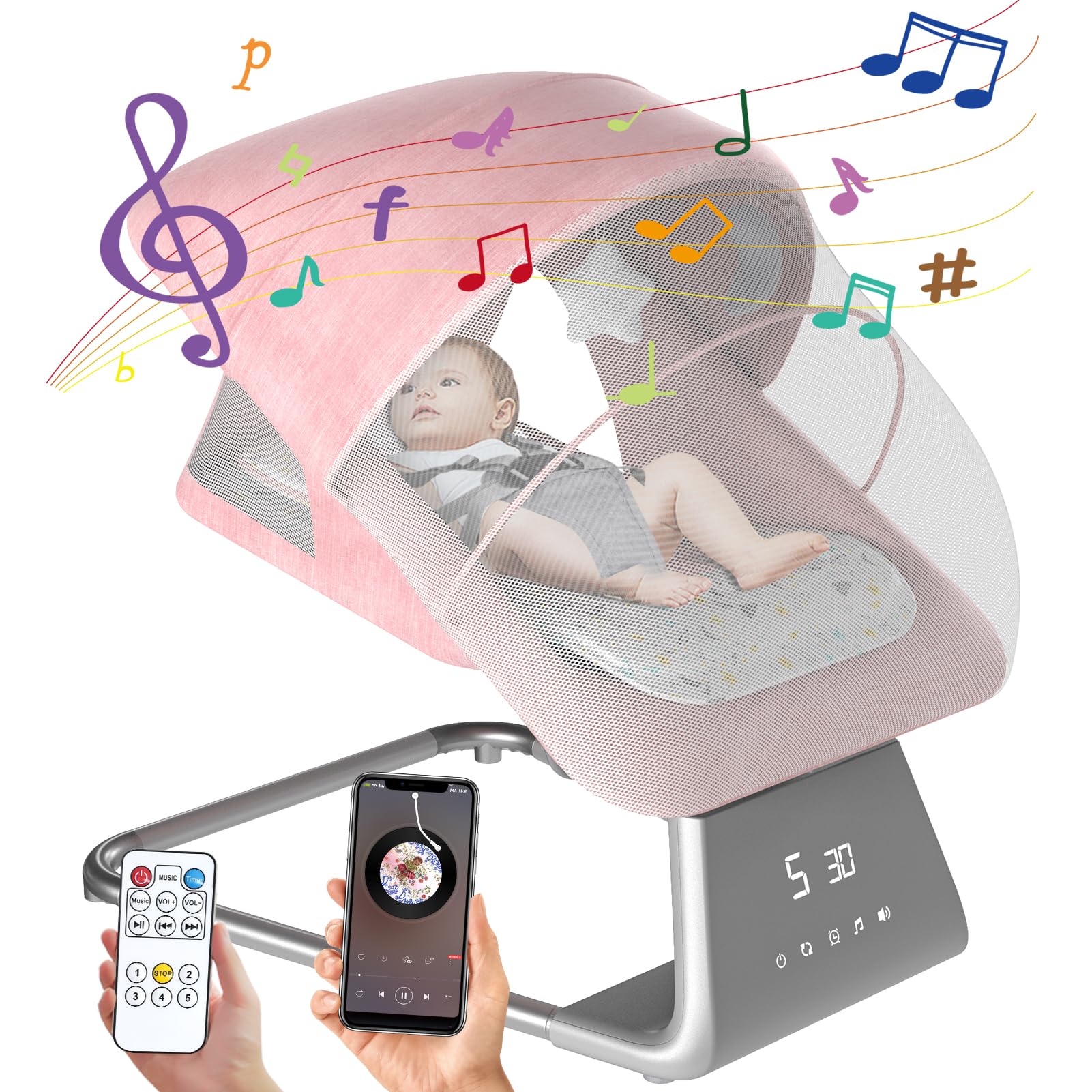 Electric Baby Swing with Bluetooth & Remote Control - 11 Soothing Lullabies, 5 Speed Settings for Newborns to Toddlers | Large Screen Infant Bouncer & Rocker for Boys & Girls | Perfect for Nursery, Daycare & Soothing Fussy Babies
