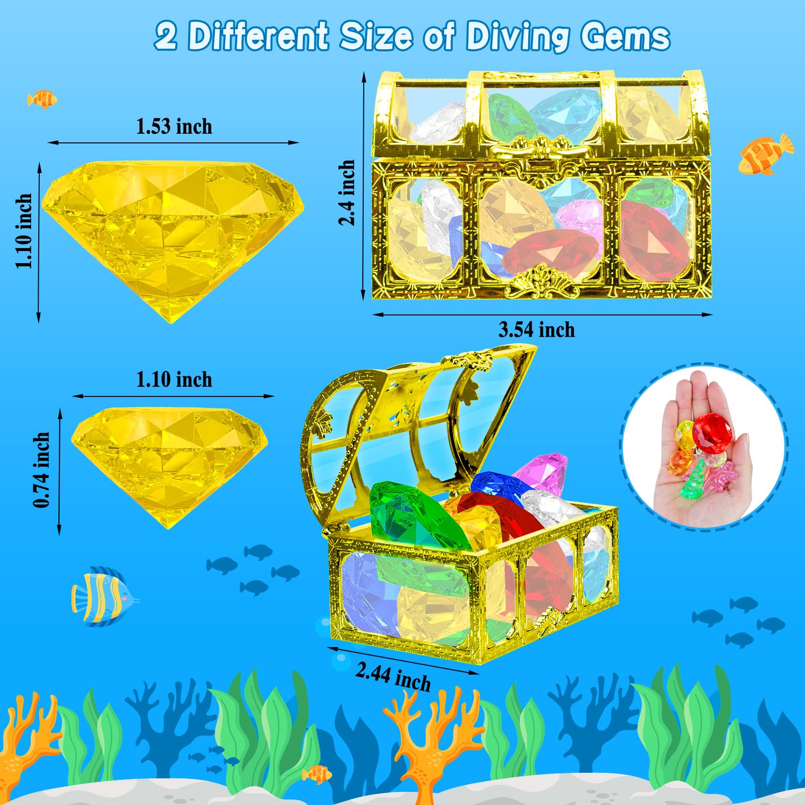 MGparty 24pcs Colorful Diving Gem Pool Toys Set with Pirate Treasure Box - Underwater Swimming Toys for Kids, Boys & Girls - Perfect for Pool Games, Summer Water Play & Treasure Hunt Activities