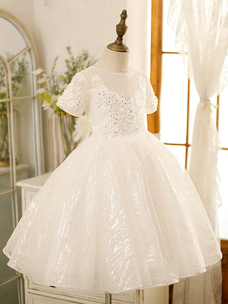 Princess Sweetheart Neckline Tea-Length Tulle Flower Girl Dress - White for Weddings, Bridal Showers & Special Occasions