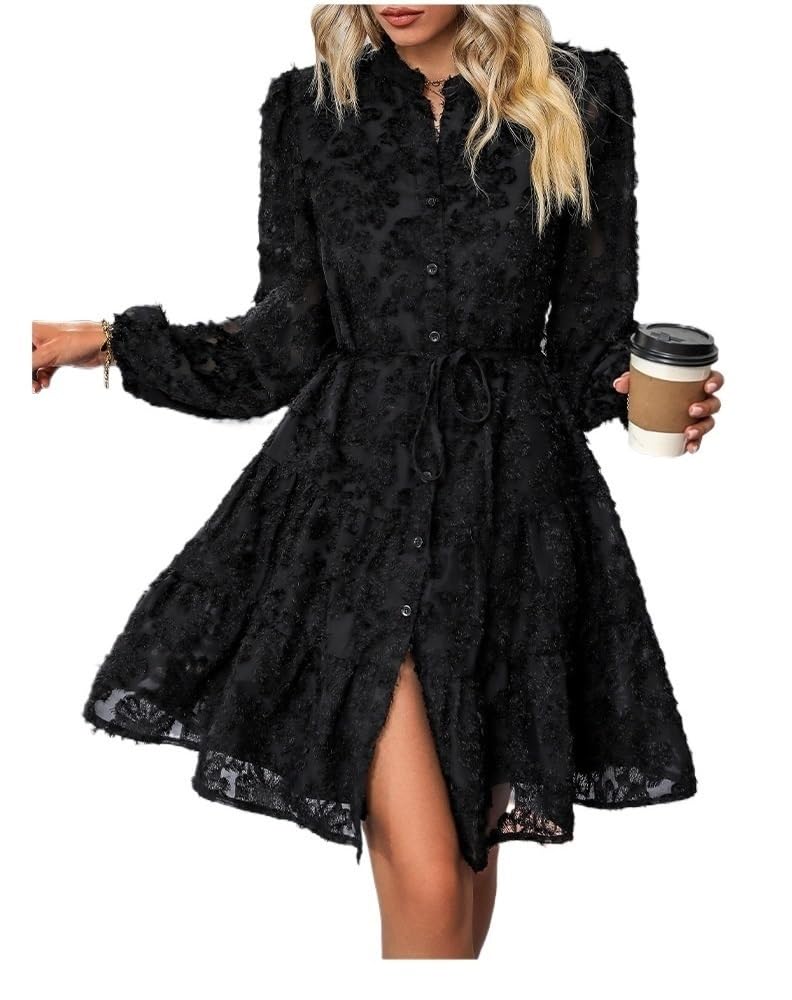 Floral Print Lace Long Sleeve Button Tunic Dress for Women - Elegant Tie Waist Maxi Dress for Office, Party & Special Occasions