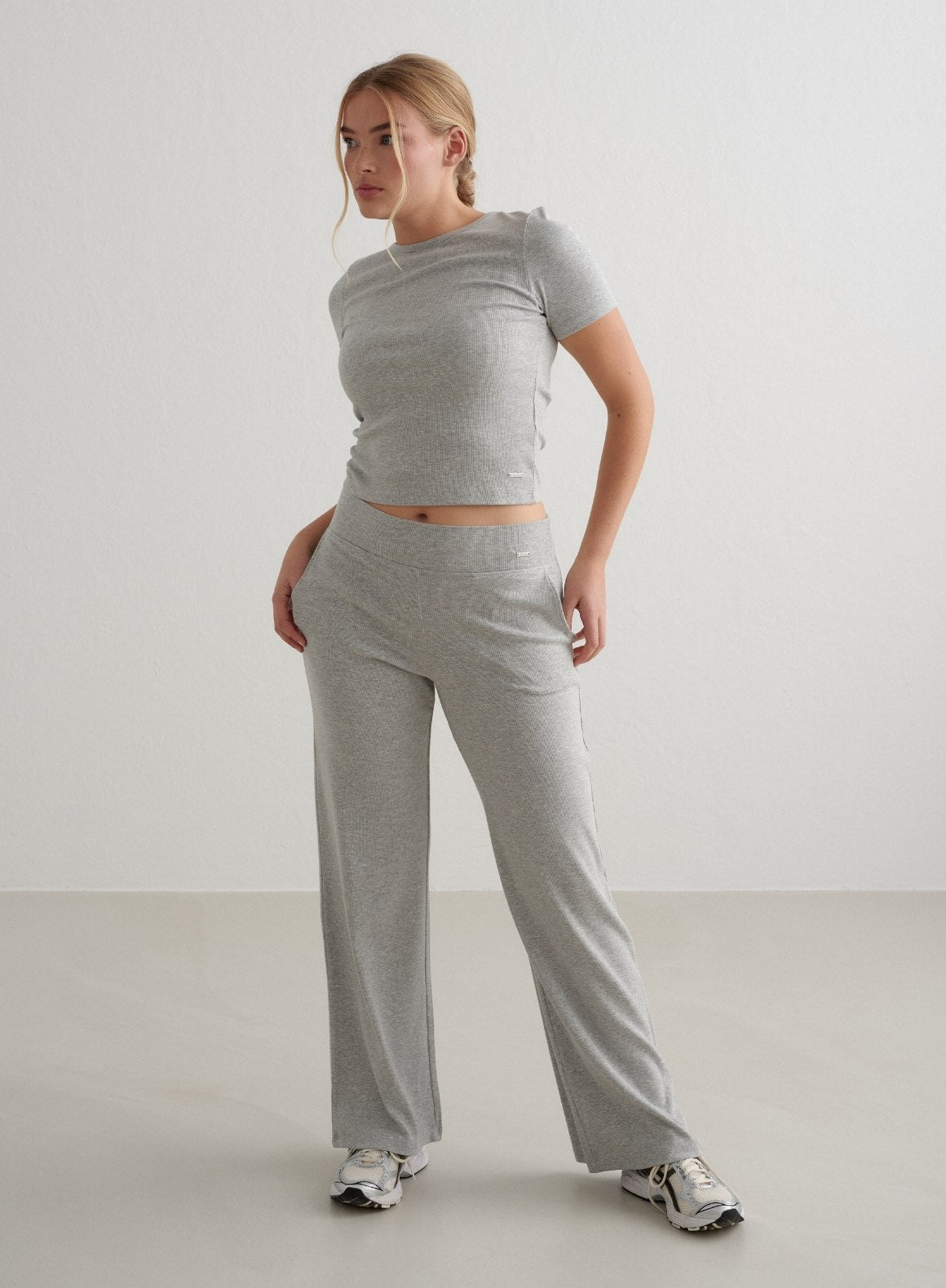 Grey Melange Ease Ribbed Wide Leg Pants for Women - Comfortable Stretchy High Waist Lounge Pants for Yoga, Travel & Casual Wear