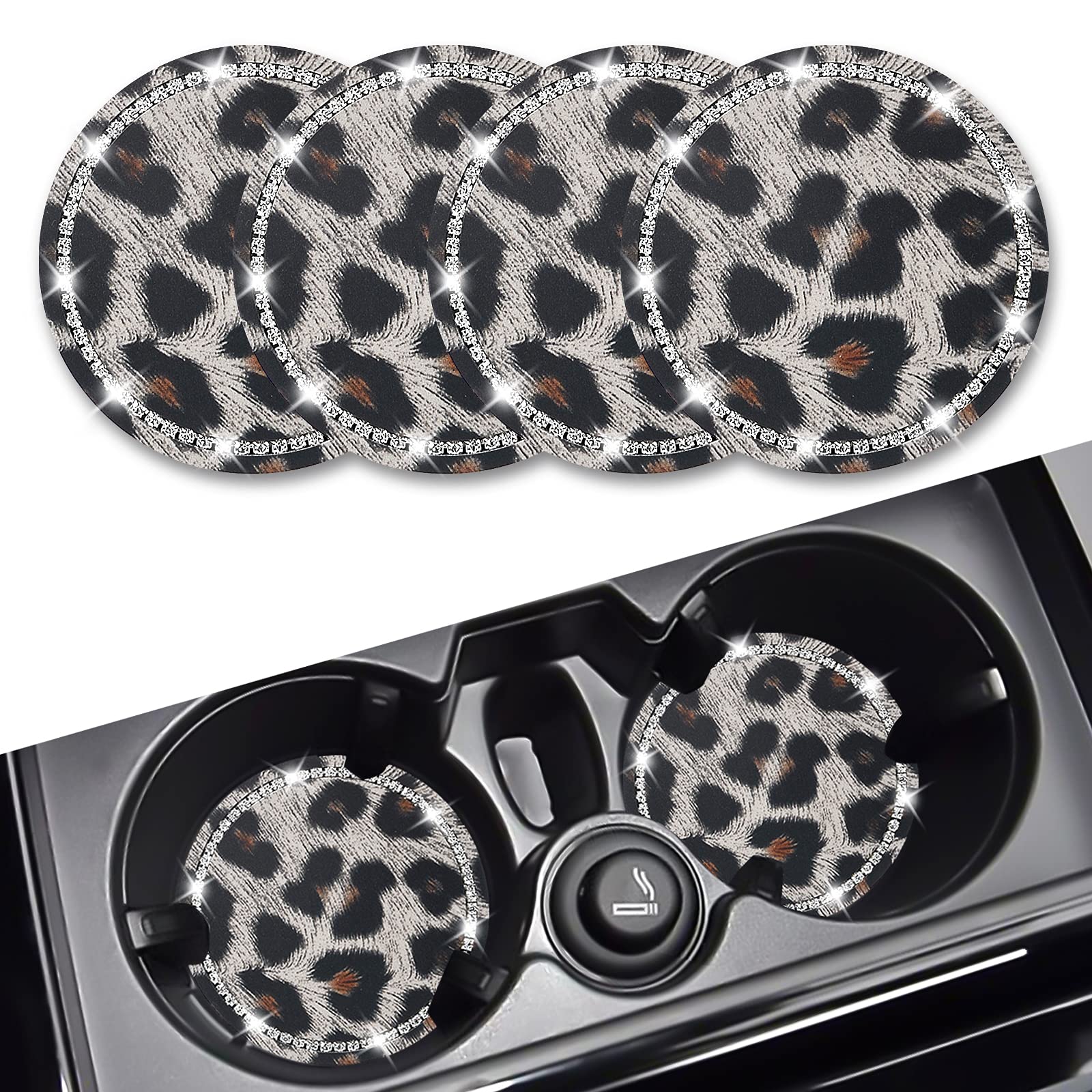 Universal Car Cup Holder Coasters - Bling Diamond Leopard Design, 4-Pack Silicone Drink Coasters for Women's Vehicle Accessories | Perfect for Coffee, Soda & Water Bottles in Cars (White Leopard)