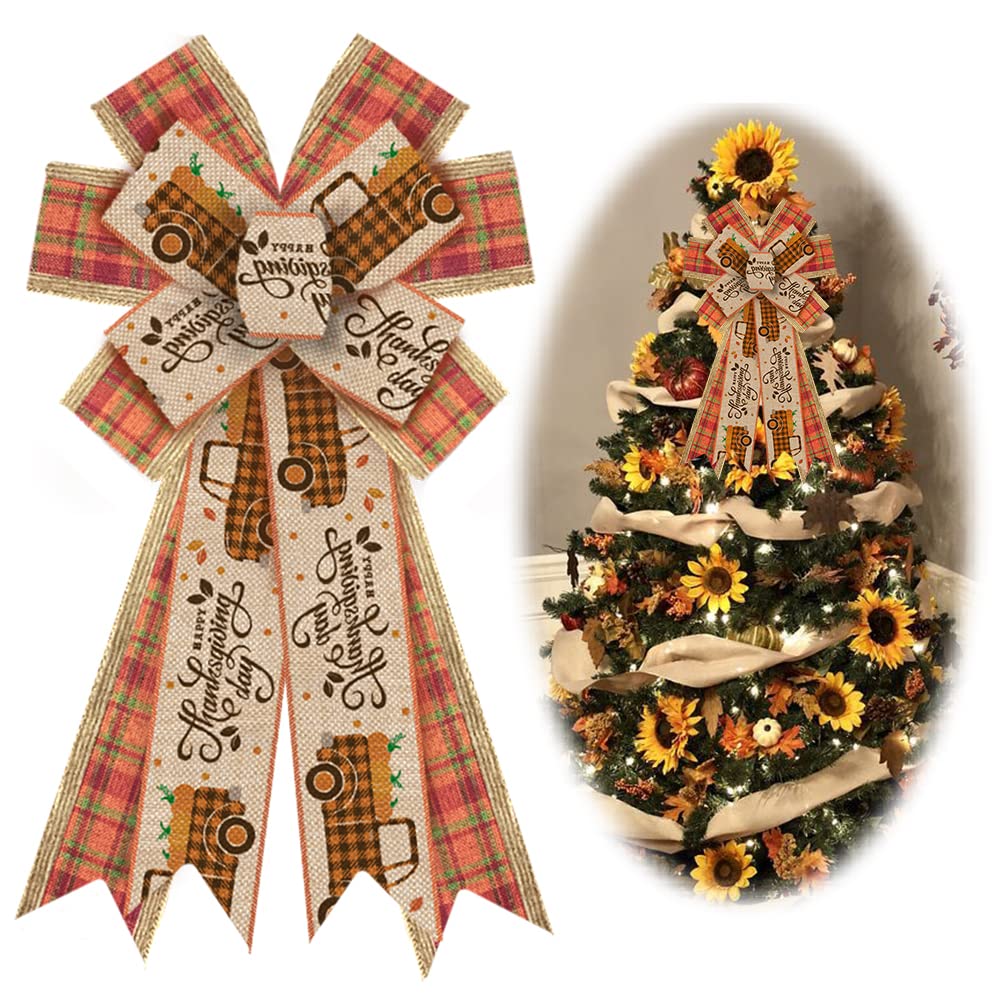 Large Fall Bows for Wreath - Thanksgiving Harvest Truck Wreath Bows in Orange Buffalo Plaid - Farmhouse Decor for Front Door, Burlap Tree Topper Bows - Perfect for Fall Indoor & Outdoor Decoration, Seasonal Home Decor, Thanksgiving Party, and Farmhouse Style Holiday Decorating