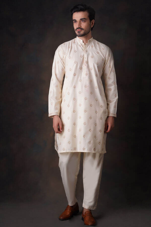 Soft Cotton Cream Persian Chickenkari Kurta Pant Set - Comfortable Traditional Indian Outfit for Men, Perfect for Festivals, Weddings & Casual Wear
