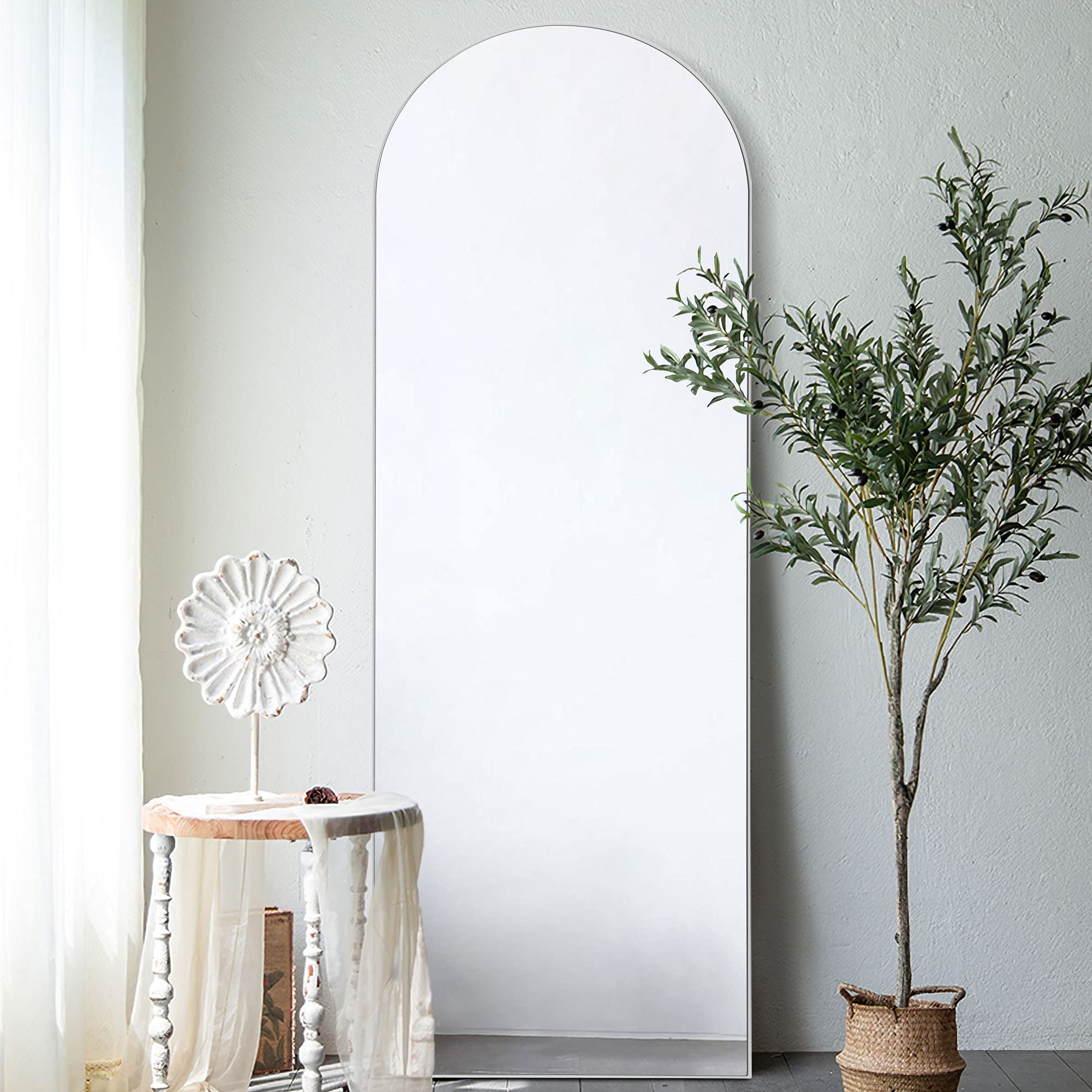 KIAYACI Arched Full Length Floor Mirror with Stand - Light Grey Wood Frame (22