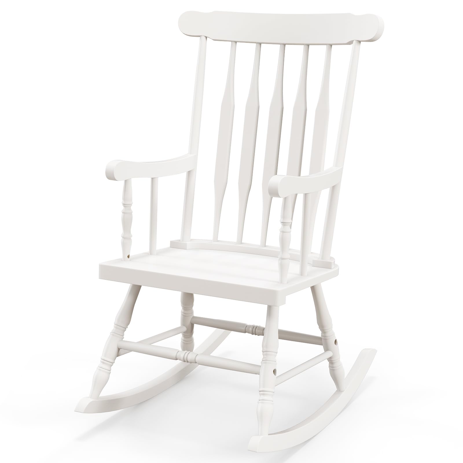 Tangkula Solid Rubber Wood Patio Rocking Chair - Outdoor Porch Rocker with Durable Wood Frame - Indoor/Outdoor Wooden Rocking Chair for Garden, Backyard, Balcony & Living Room - Perfect for Relaxing, Reading & Enjoying Nature (White)