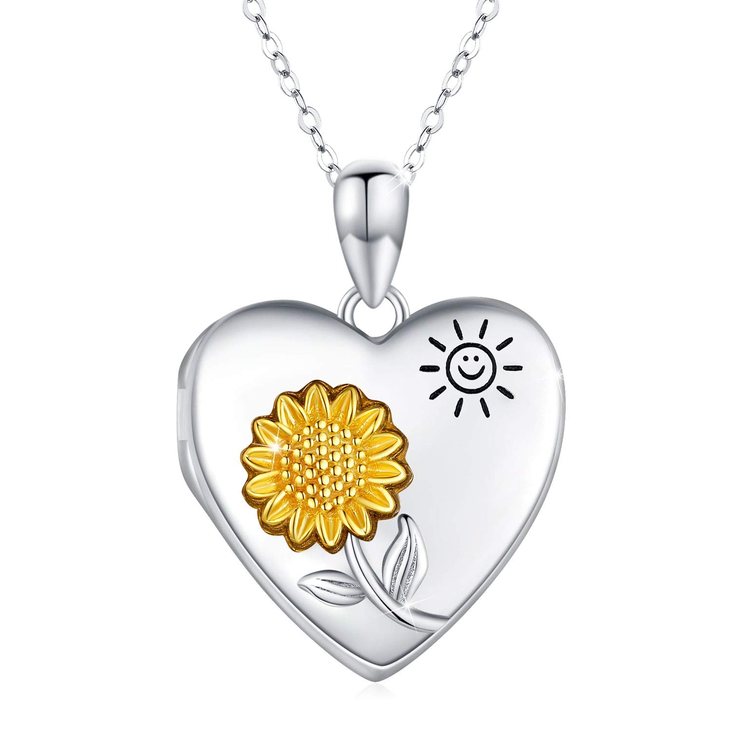 JUSTKIDSTOY 925 Sterling Silver Sunflower Heart Locket Necklace - You Are My Sunshine Photo Pendant Jewelry Gift for Women, Wife, Mother - Perfect for Birthdays, Anniversaries & Mother's Day
