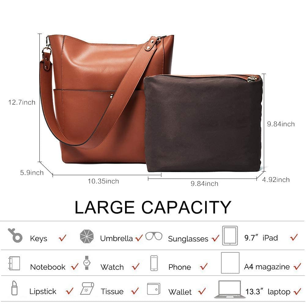 BOSTANTEN Women's Leather Designer Handbag Tote Purse with RFID Blocking Wallet - Stylish Shoulder Bucket Bag & Bifold Zipper Card Case in Brown - Perfect for Work, Travel and Everyday Use