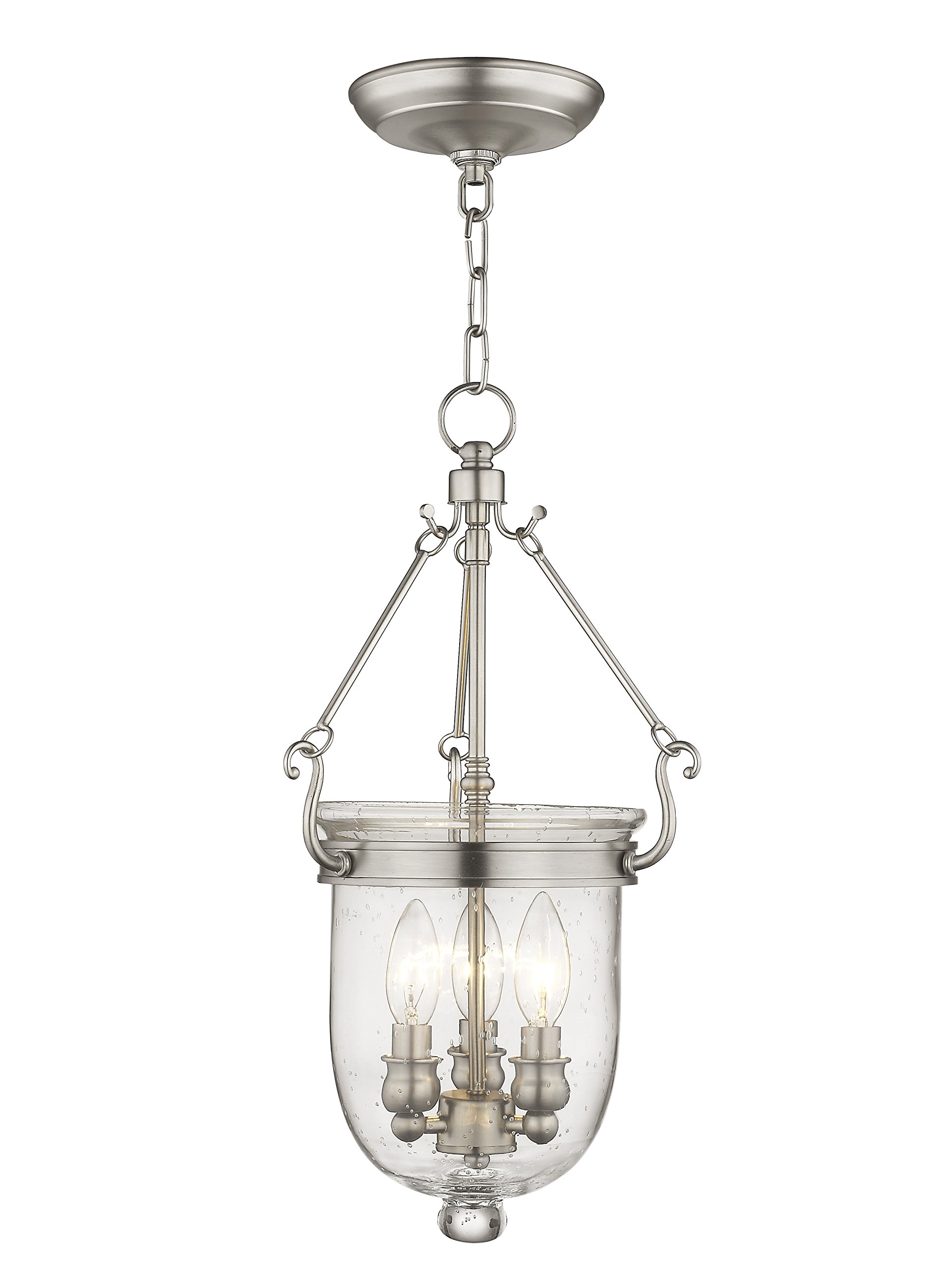 Livex Lighting 5083-91 Jefferson 3-Light Brushed Nickel Hanging Lantern with Seeded Glass Bell Jar - Perfect for Dining Room, Kitchen Island, or Entryway Lighting