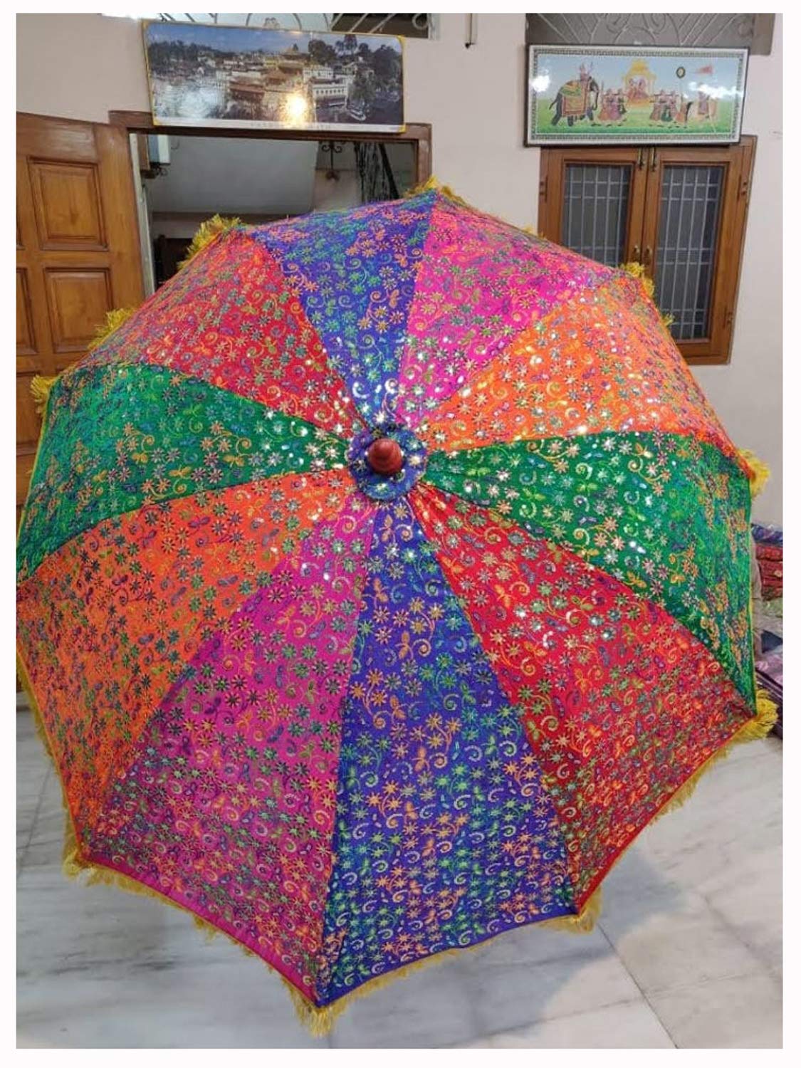 Handmade Rajasthani Embroidery Umbrella - Traditional Indian Decorative Patio Umbrella for Garden, Beach & Outdoor Use (Green & Pink)