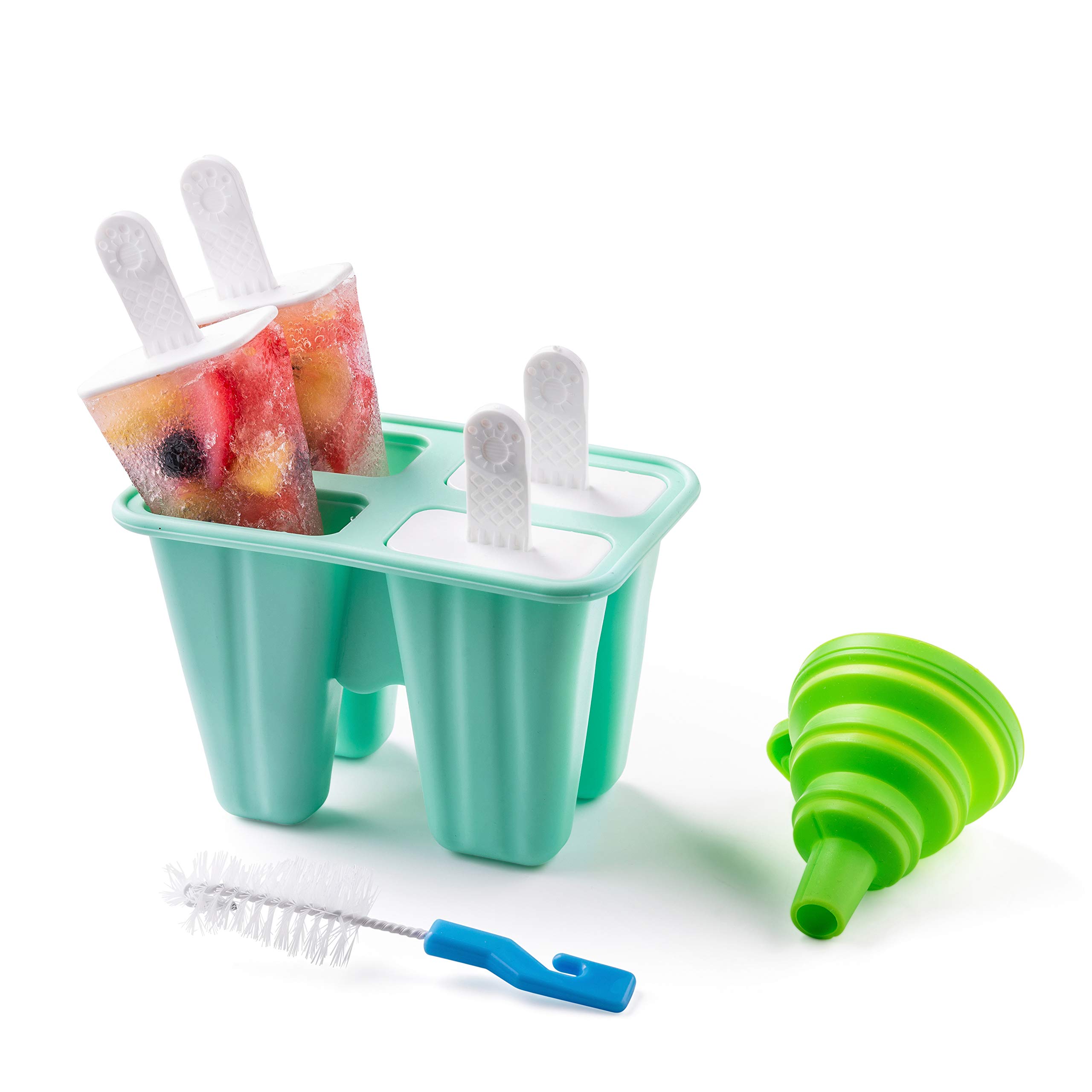 Eco-Friendly Silicone Popsicle Molds - BPA Free, 4 Cavity with Funnel & Brush for Homemade Ice Pops - Green