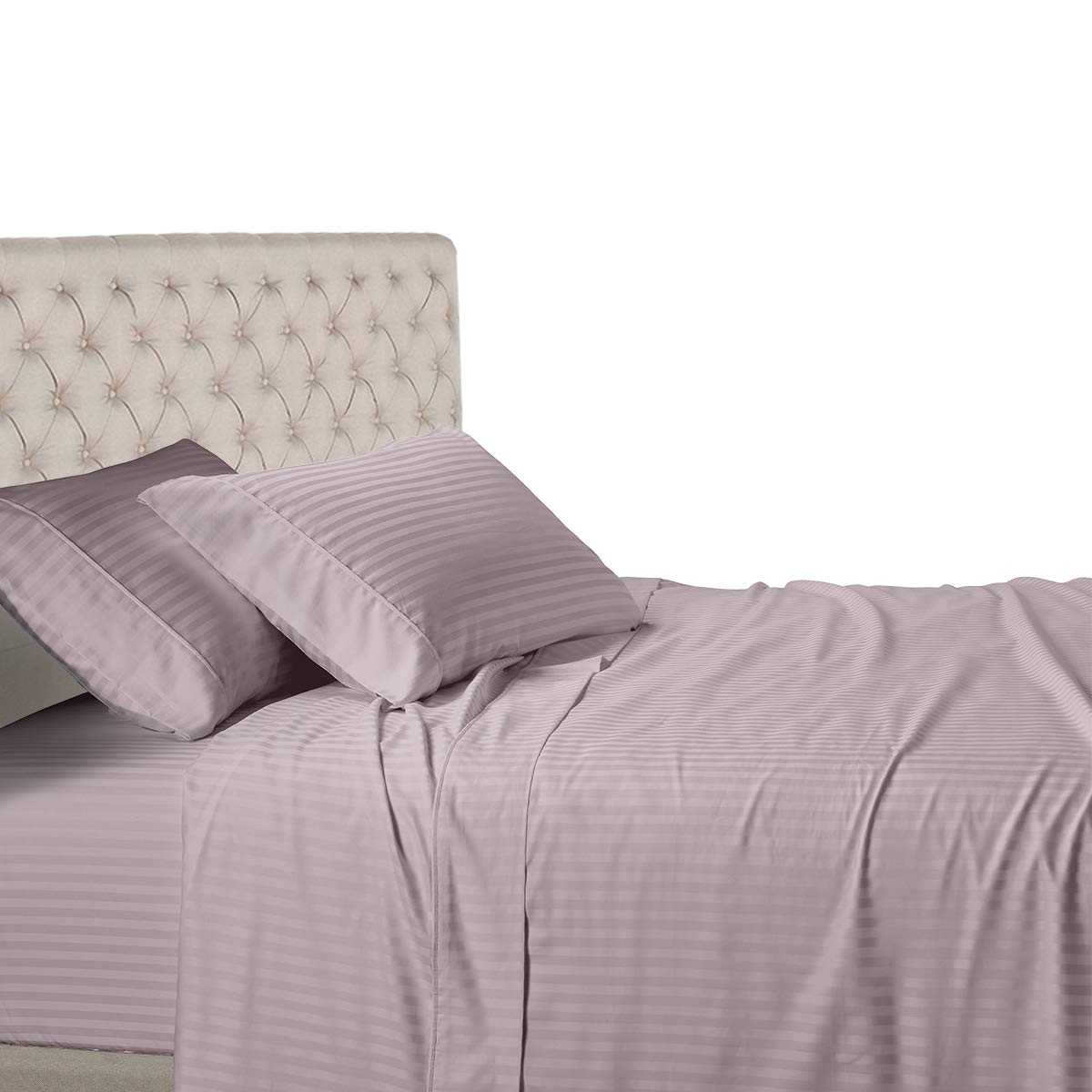 Royal Hotel Luxury 100% Cotton 600 Thread Count Stripe Bed Sheet Set - 5PC Split Queen Adjustable Deep Pocket Sheets - Lilac Color for Comfortable Sleep & Guest Room Upgrade