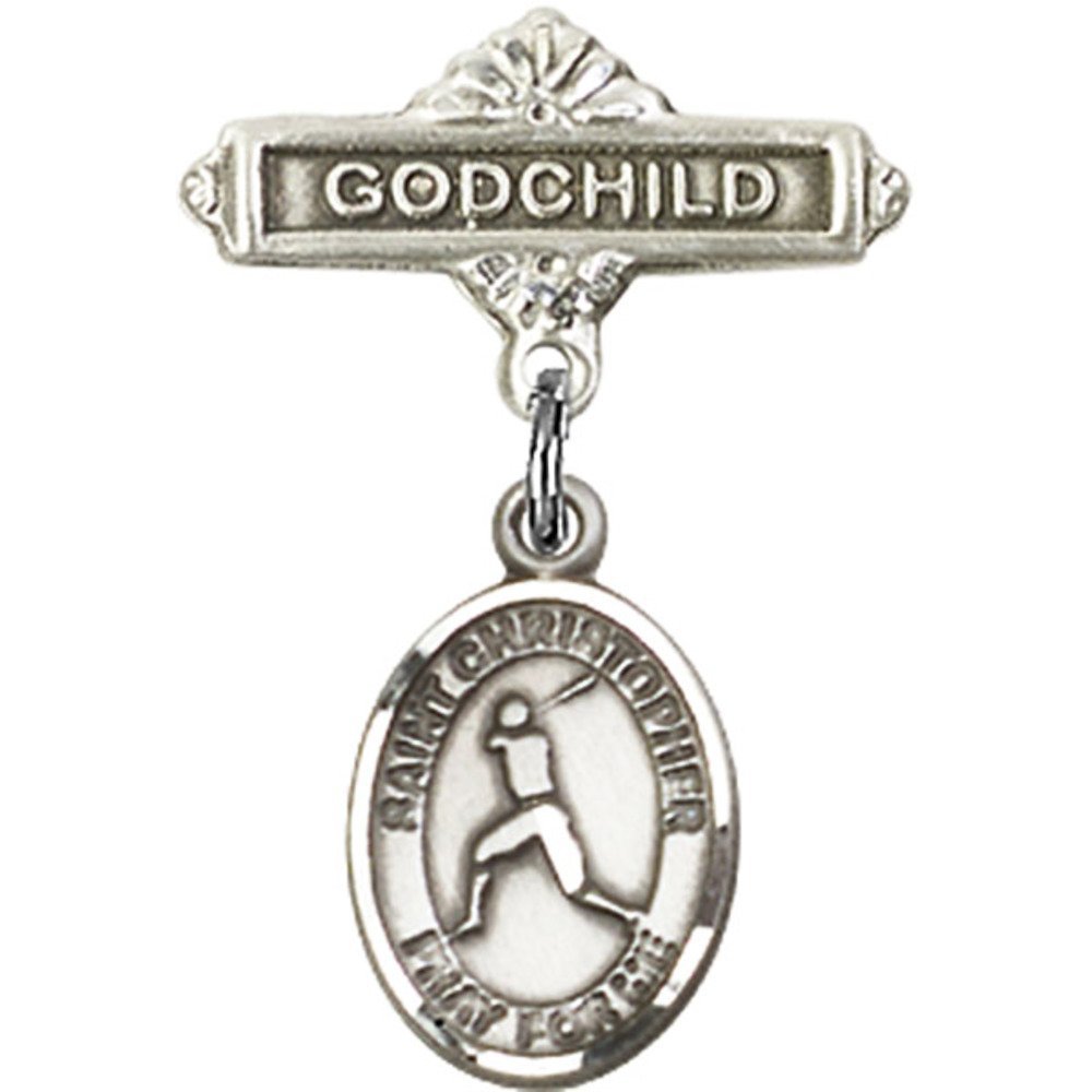 St. Christopher Sterling Silver Baby Badge with Baseball Charm - 1 x 5/8 Inch Godchild Pin for Christening, Baptism & Special Occasions