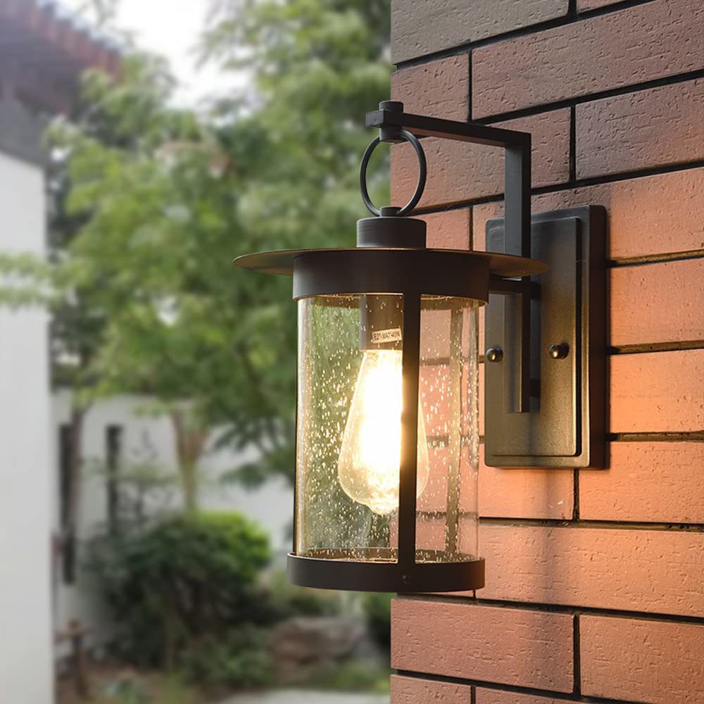 13.3 Inch Industrial Outdoor Wall Lights - Black/Bronze Finish Wall Sconce with Raindrop Glass Shade | Waterproof Exterior Lighting for House, Garage, Porch, Patio & Garden | Durable Weatherproof Wall Lantern for Outdoor Spaces