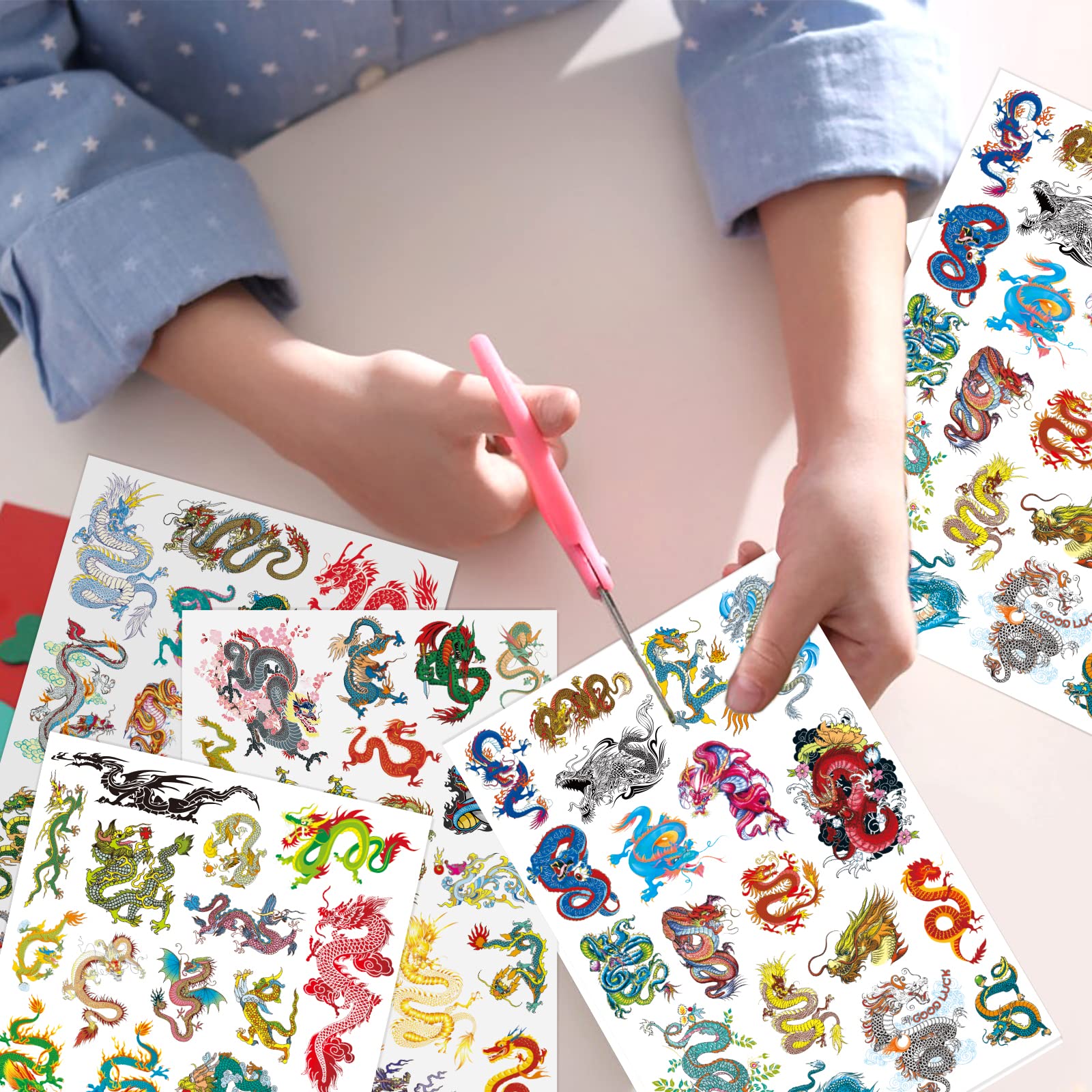 Ancient Dragon Tattoo Party Supplies - 405pcs Waterproof Temporary Tattoo Stickers for Kids, Boys & Girls - Chinese Fairy Dragon Cartoon Designs for Class Activities, Birthday Parties & Halloween Costumes