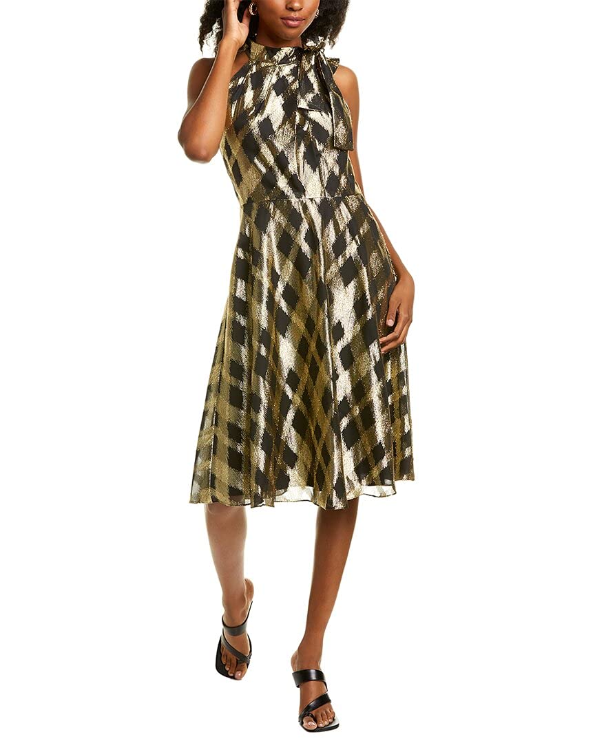 Maggy London Women's Metallic Plaid Halter Dress with Side Tie - Elegant Cocktail Party & Holiday Evening Wear