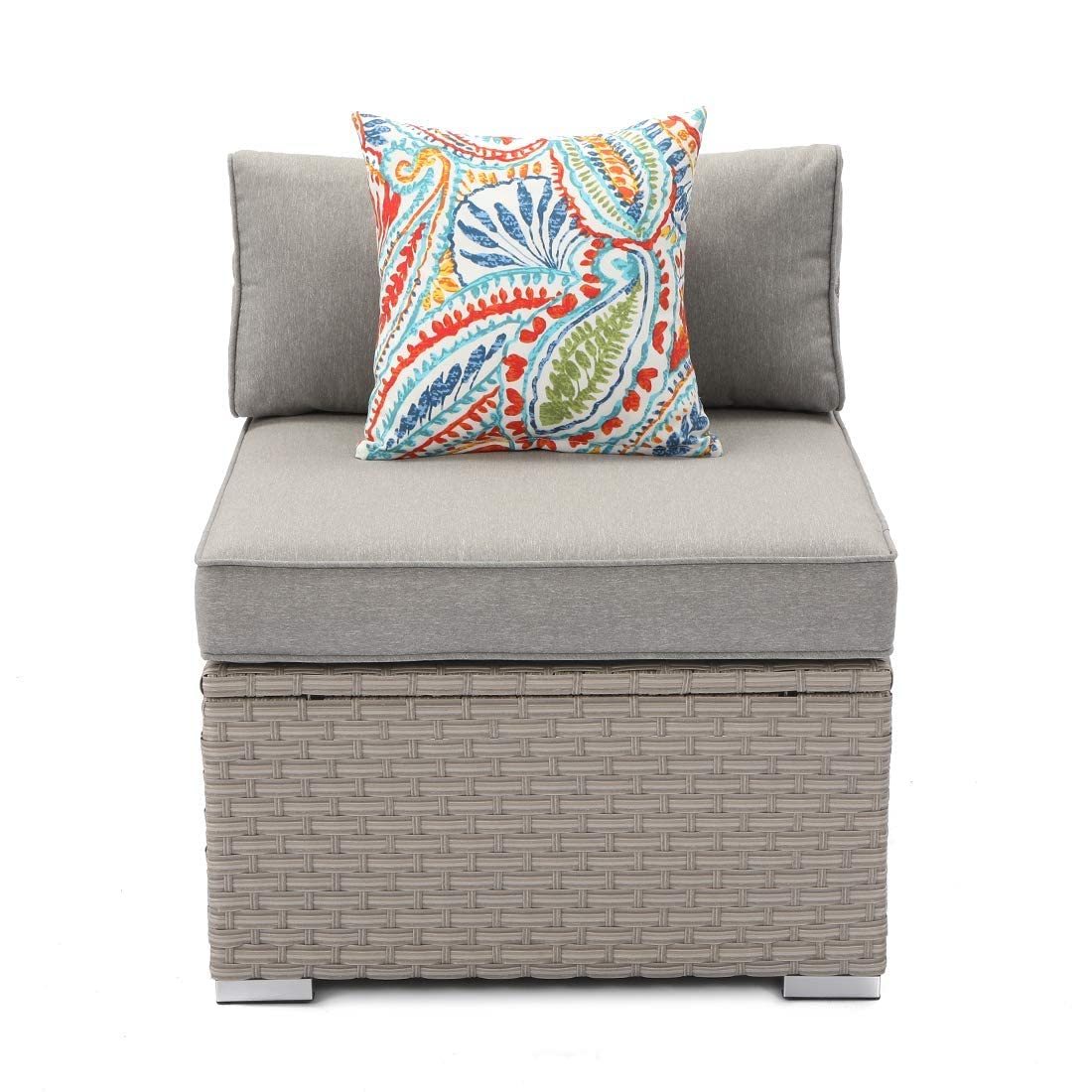 Outdoor Armless Chair for Wicker Sectional Sofa Set - Gray Thick Cushions & Floral Pillow | Patio, Garden, Poolside, Backyard Relaxation