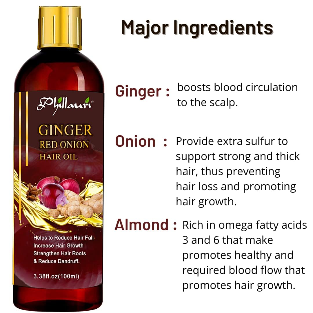 Phillauri Ginger Red Onion Herbal Hair Oil for Hair Growth & Scalp Care - 100ml Natural Hair Treatment for Thicker, Stronger Hair - Perfect for Daily Use & Hair Regimen