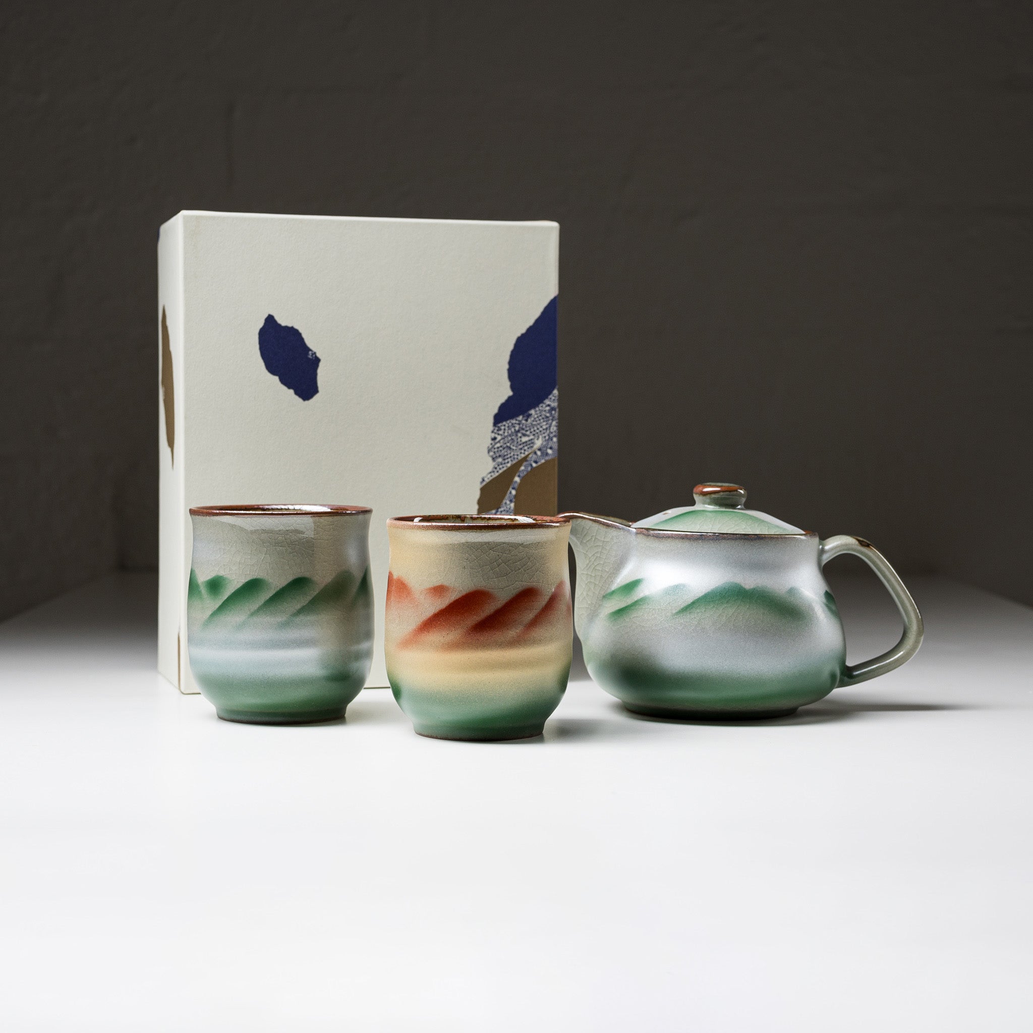 Premium Kutani Ware Japanese Tea Set - Hand-Painted Mountain Landscape Design - Authentic Porcelain Teacups & Teapot - Perfect for Traditional Tea Ceremonies & Home Decor