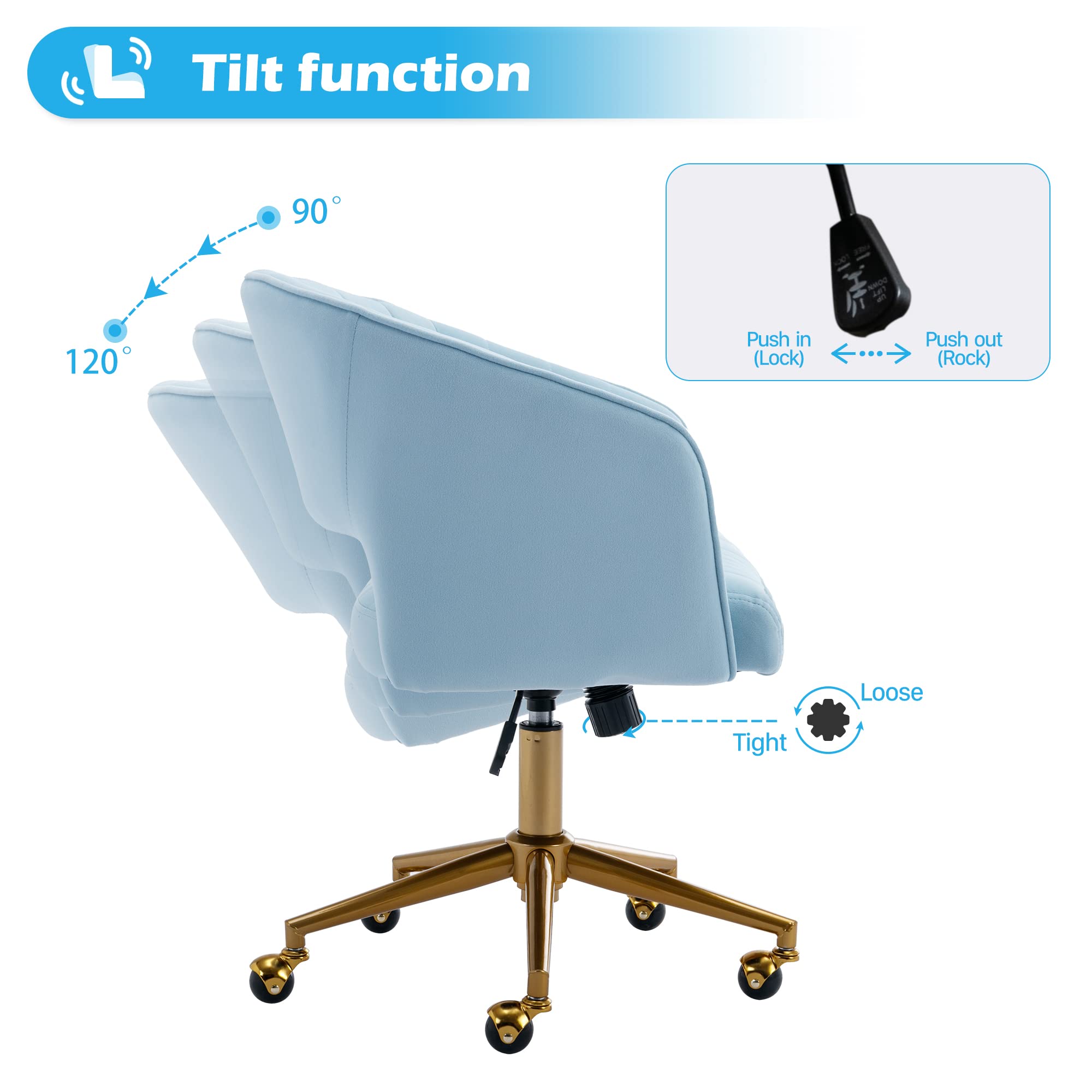 Ergonomic Velvet Swivel Office Chair with Gold Base - Modern Tufted Accent Armchair for Women & Girls - Comfortable Computer Desk Chair for Home Office, Study & Living Room (Blue) - Perfect for Work, Gaming & Relaxation
