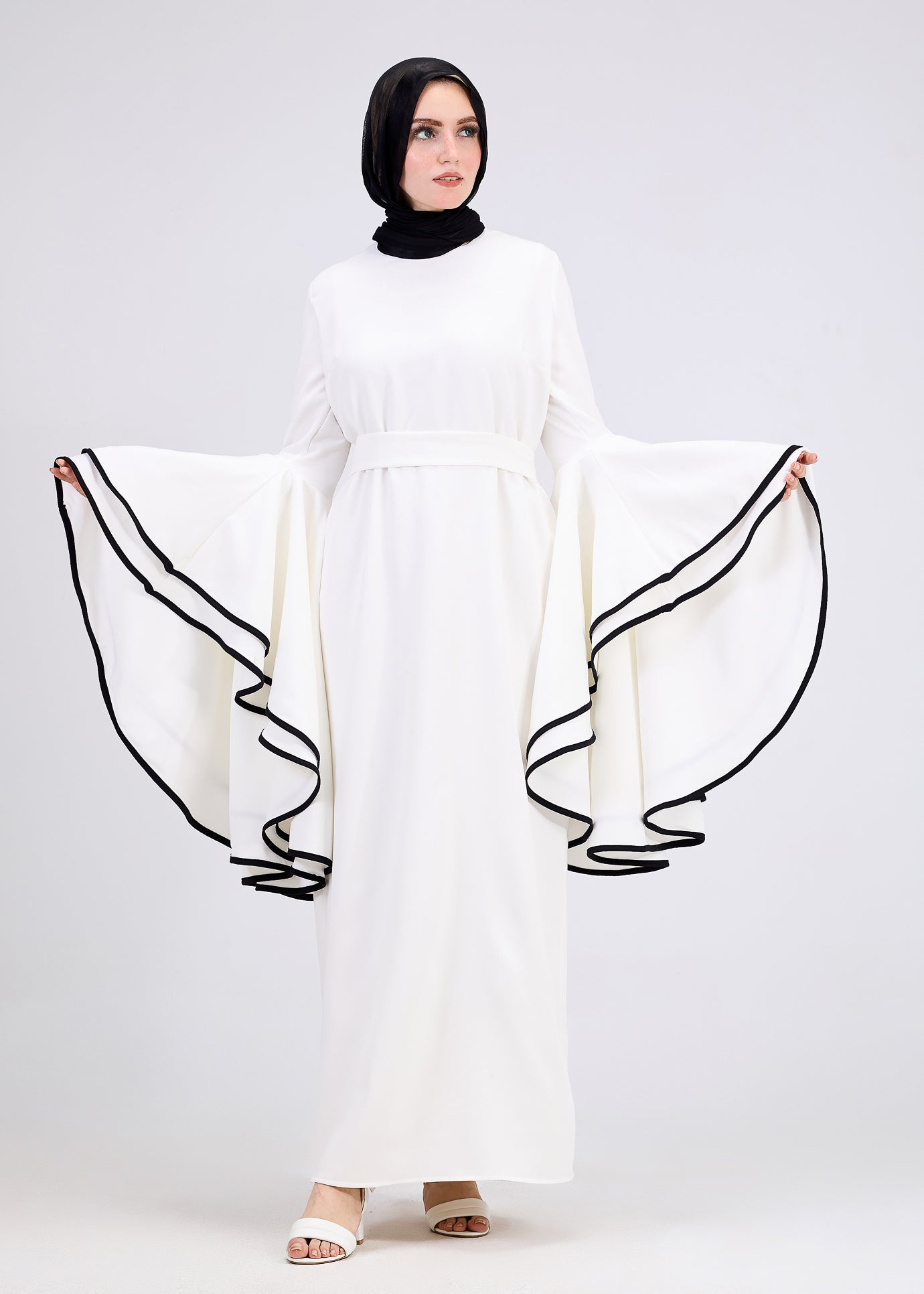 Elegant White Flared Sleeve Modest Dress with Black Trim - Perfect for Church, Weddings & Special Occasions