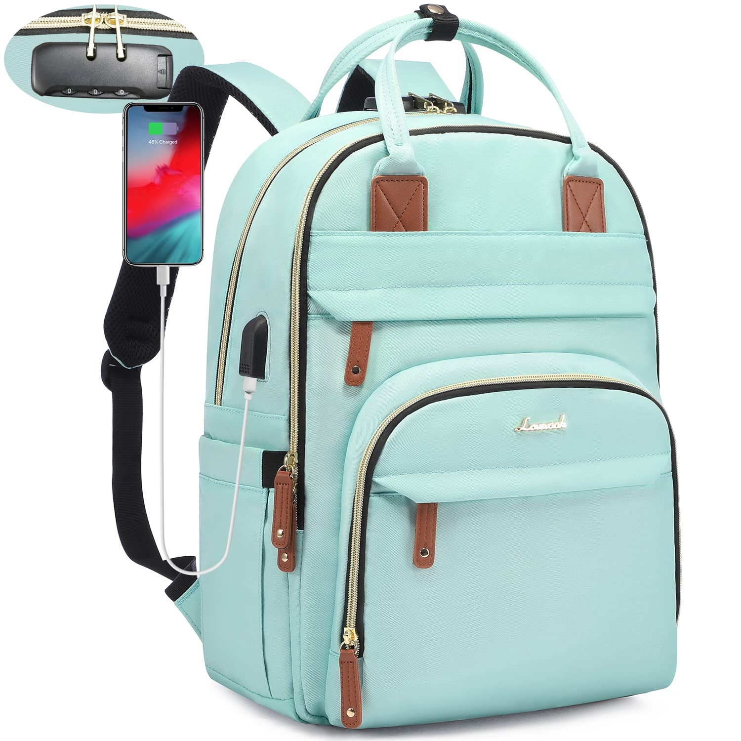 LOVEVOOK 17 Inch Anti-Theft Laptop Backpack for Women & Men - Waterproof Travel Business Backpack with Lock, College School Bookbag, Casual Hiking Daypack - Perfect for Work, Commute & Travel (Mint Green)