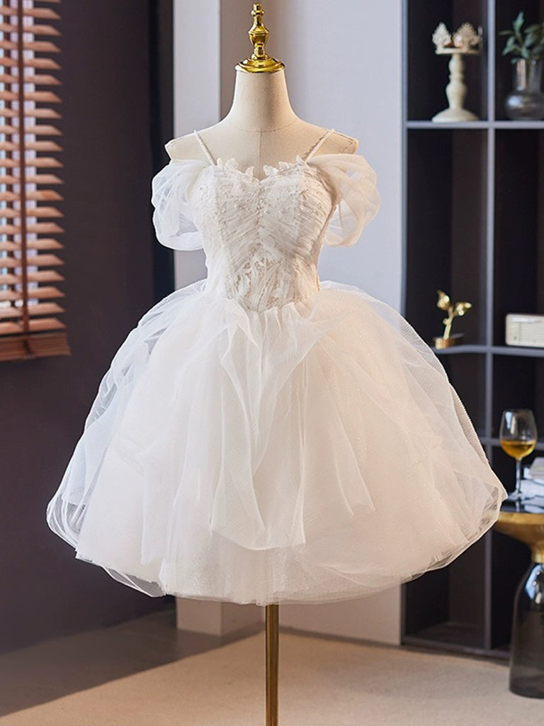 Elegant Off Shoulder Sweetheart Neck Tulle Lace White Short Prom Dress for Homecoming, Party & Special Occasions