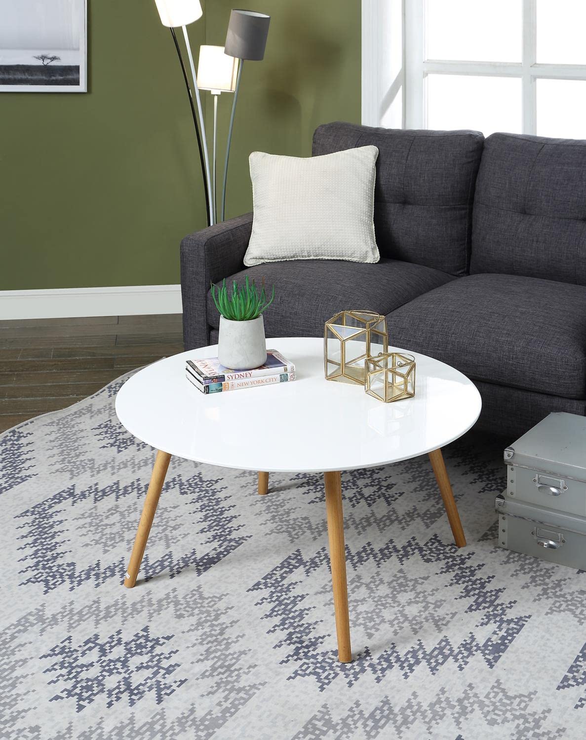 Convenience Concepts Oslo Round Coffee Table - Glossy White Finish - Modern Living Room Furniture for Small Spaces & Apartments