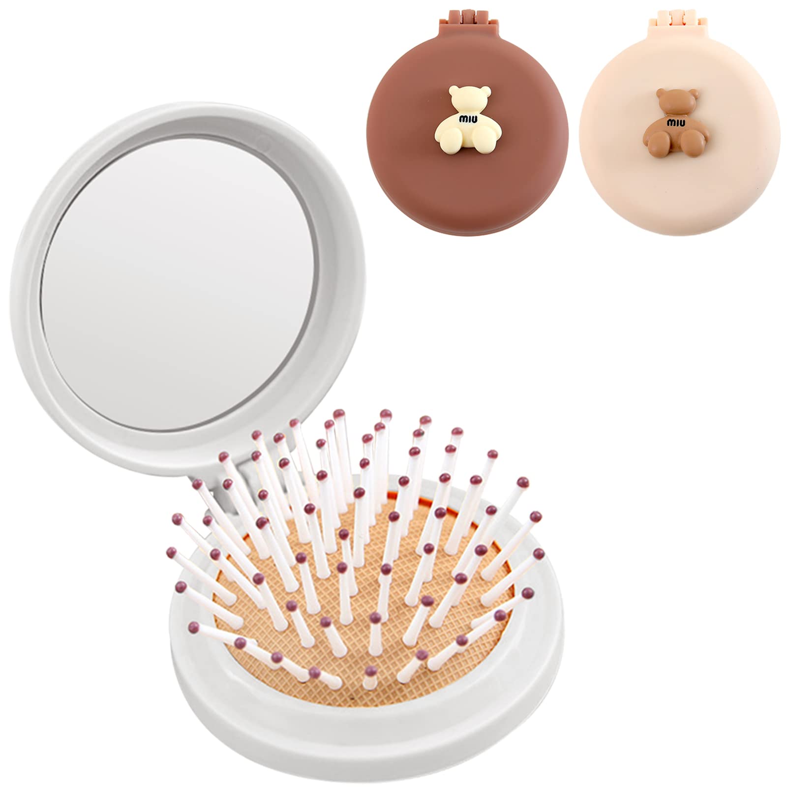 3-Piece Cute Bear Mini Travel Hair Brush Set with Mirror - Folding Pocket Hair Comb & Massage Brush for Men, Women & Girls - Perfect for Travel, Purse & On-the-Go Styling