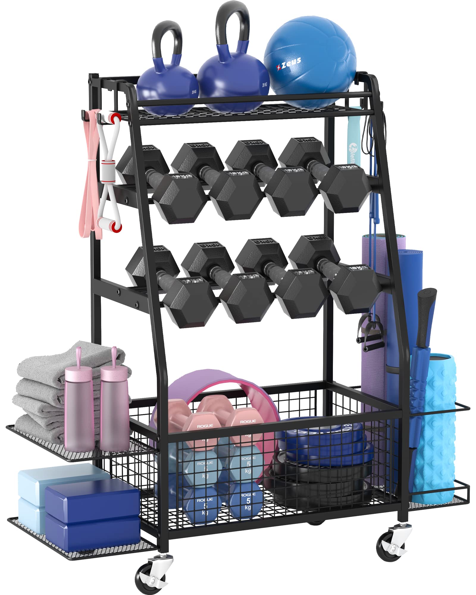 Staransun Adjustable Dumbbell Rack Stand - Heavy Duty Weight Storage Organizer for Home Gym with 4 Swivel Wheels & Side Hooks - Perfect for Dumbbell Organization in Garage, Basement or Fitness Room