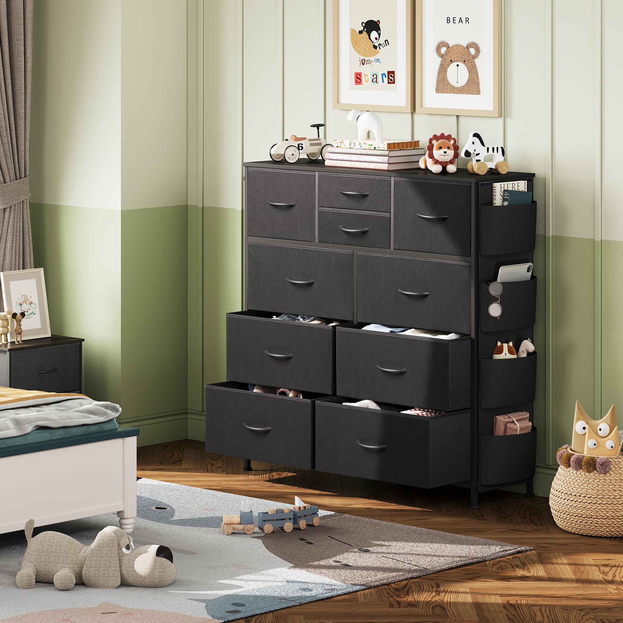 10-Drawer Fabric Dresser for Bedroom with Metal Frame - Black Storage Organizer with Side Pockets & Hooks - Perfect for Bedroom, Living Room, Hallway Closet Organization