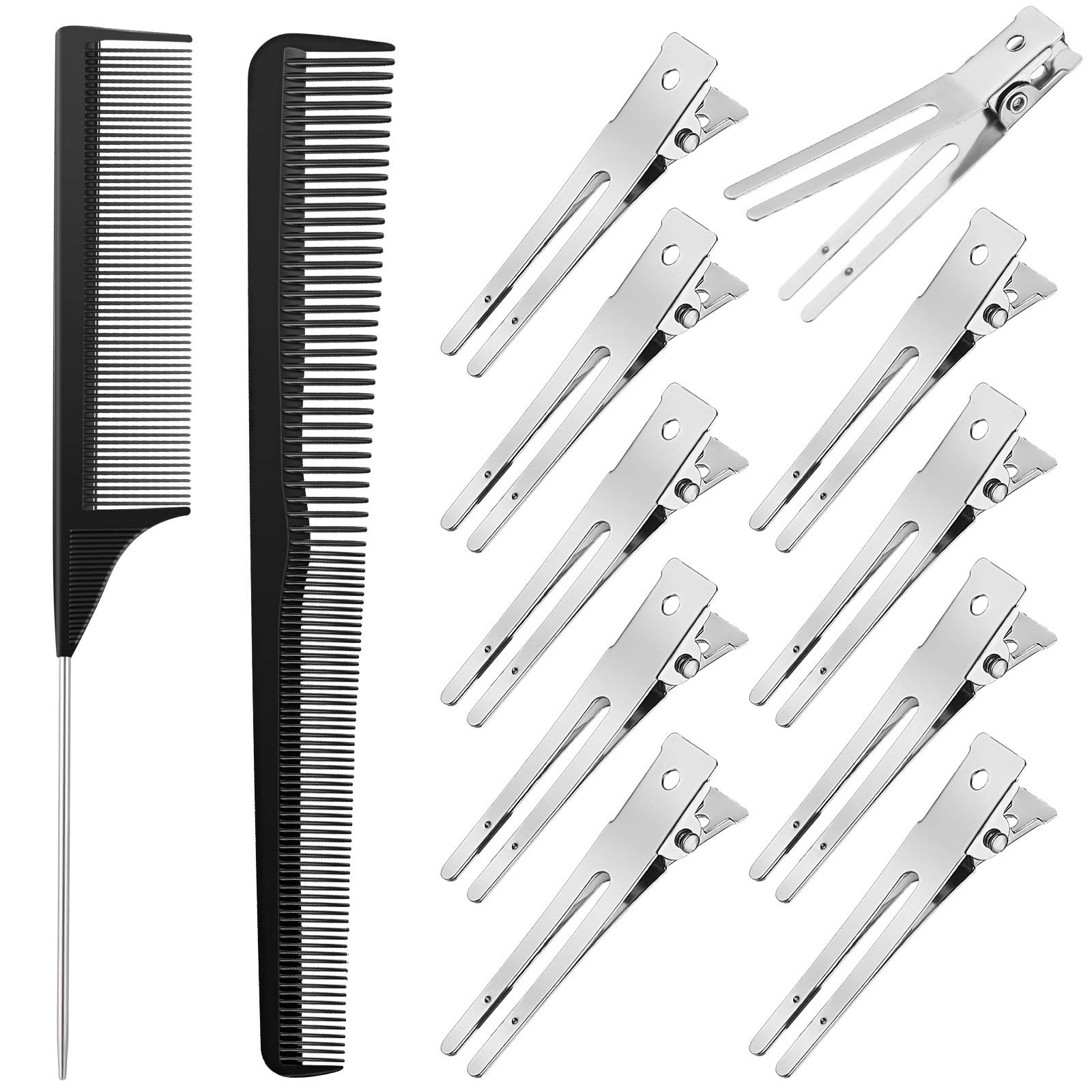 Patelai 52 Pcs Professional Carbon Fiber Hair Comb Set for Women & Men - Includes Rat Tail, Taper & 50 Double Prong Curl Clips - Works on All Hair Types (Black) | Perfect for Styling, Detangling & Salon Use