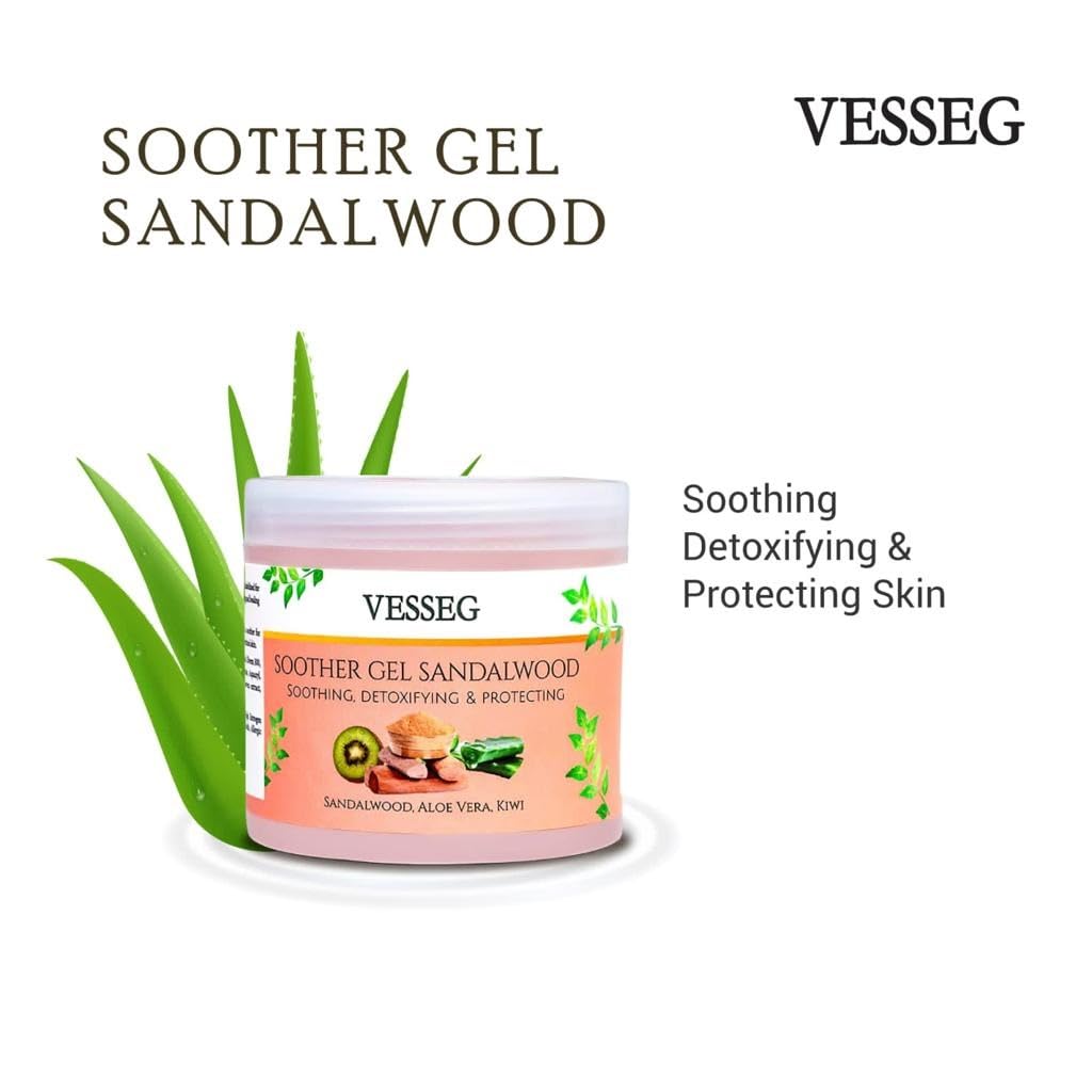 VESSEG Sandalwood Soothing Gel with Aloe Vera & Kiwi Extract - 100g Detoxifying Skin Care for Hydration, Protection & Relief - Perfect for Sunburn, Acne, and Dry Skin Treatment