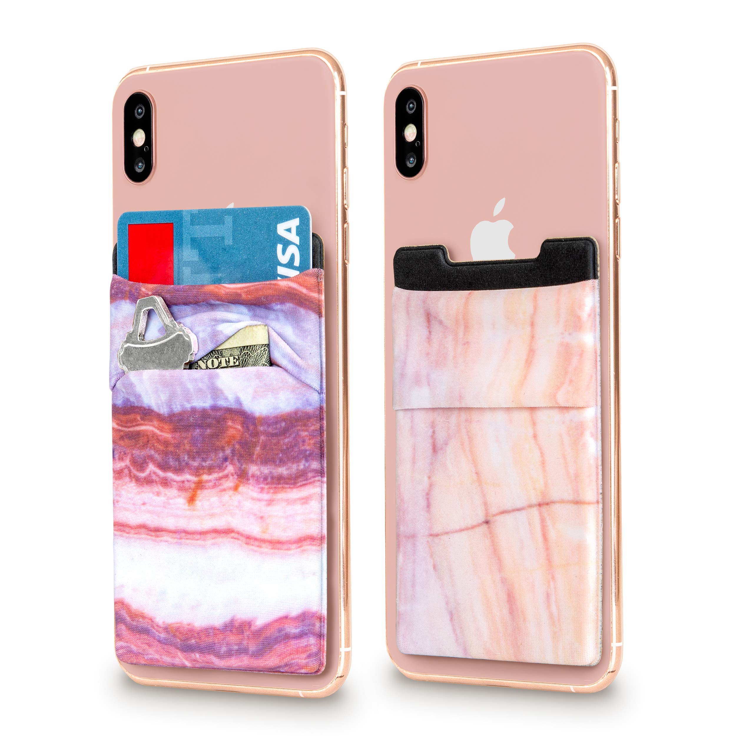 Stick-On Phone Wallet Case - Slim Card & Money Holder for iPhone & Android | Purple & Light Pink Marble Design | Hands-Free Convenience for Shopping, Travel & Daily Use
