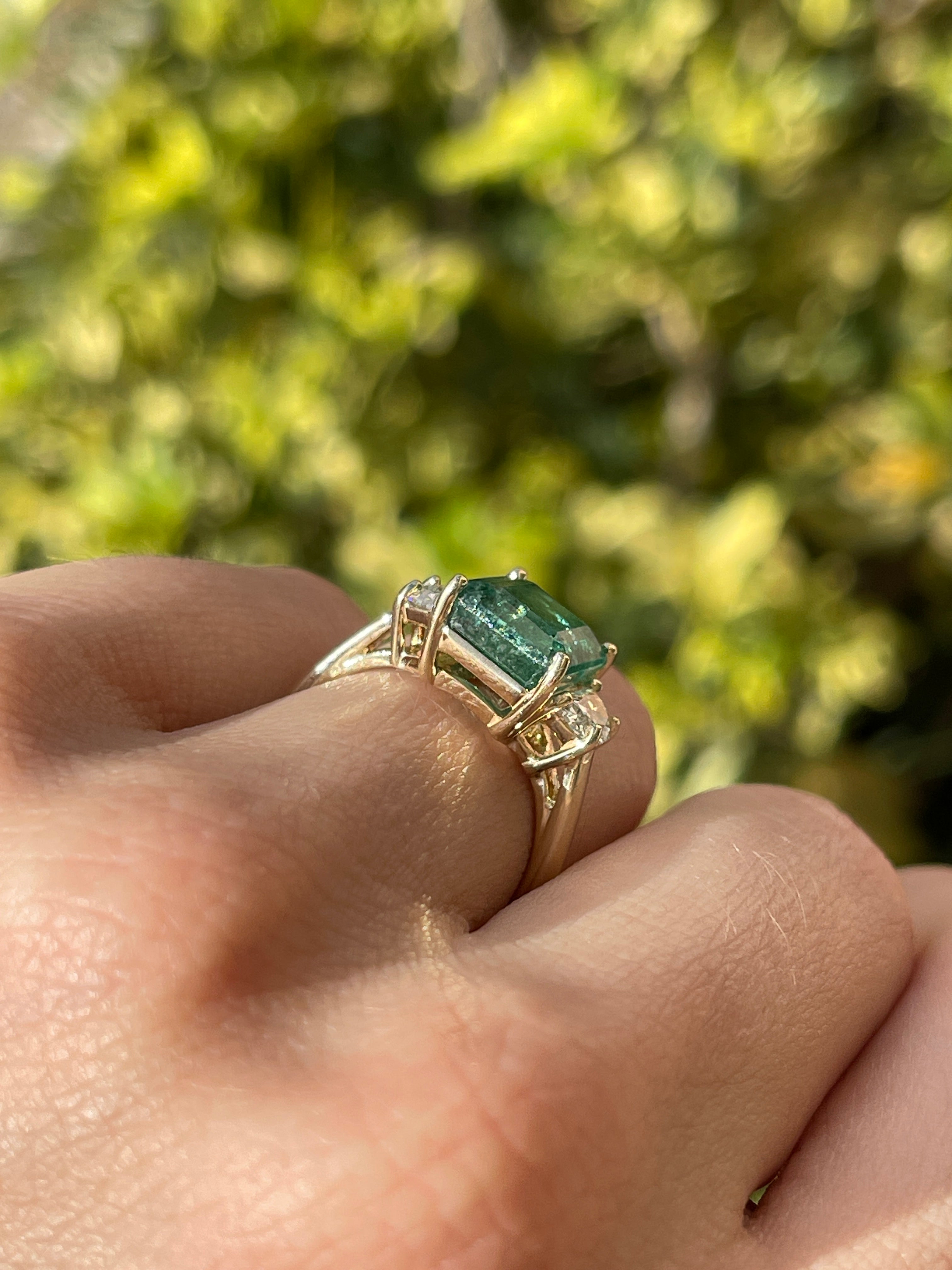 4.88tcw Natural Emerald & Lab-Created Half Moon Diamond 14K Gold Three Stone Ring for Engagement, Wedding, Anniversary & Special Occasions
