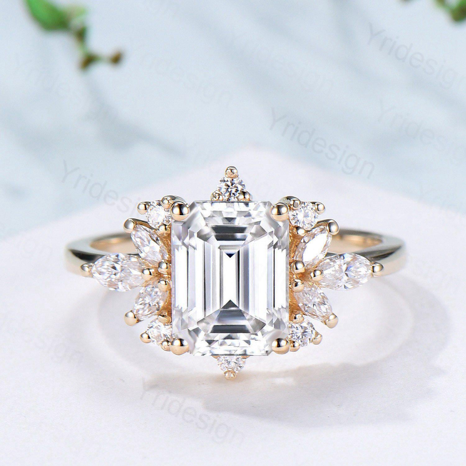 Custom Halo Emerald Cut Moissanite Engagement Ring 14K Yellow Gold - Cluster Marquise Moissanite Wedding Band - Unique Anniversary & Promise Gift for Her - Perfect for Proposals, Weddings & Romantic Occasions