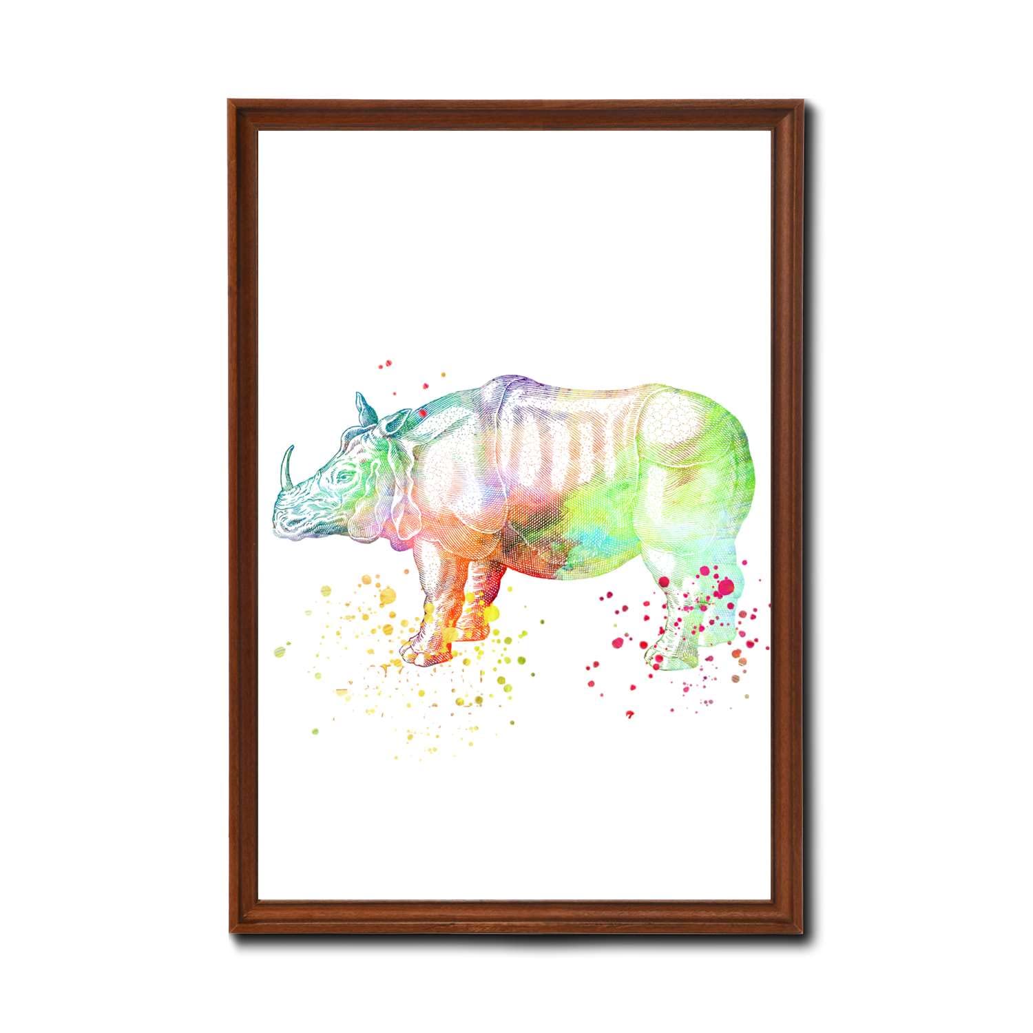Rhino Watercolor Art Print - Wildlife Wall Decor, Rhino Poster Canvas Painting for Bedroom & Living Room, 8x12 Inch with Wooden Frame - Perfect for Home Decor, Office Art & Gift Giving
